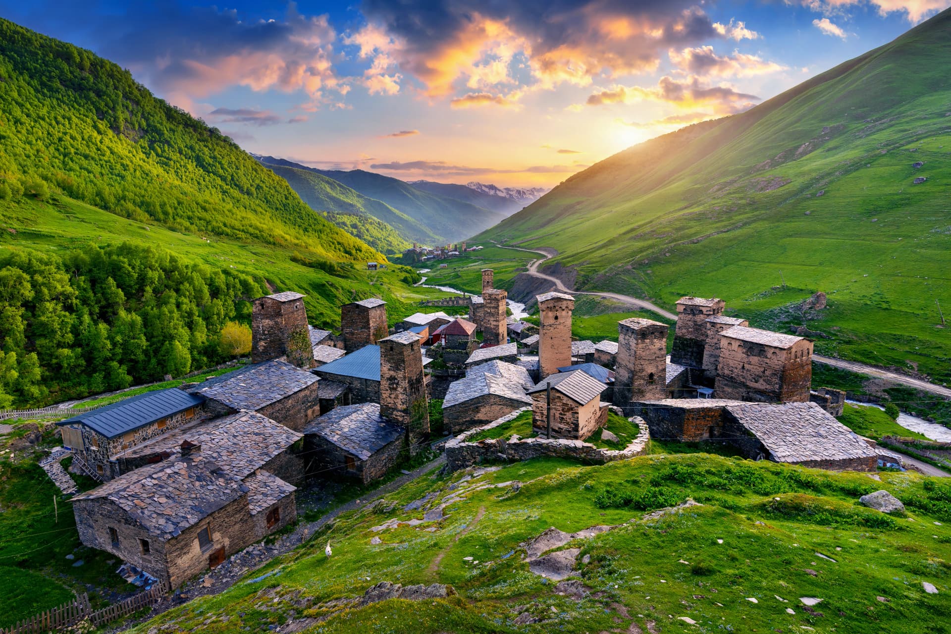Ushguli village at sunset in Svaneti, Georgia.