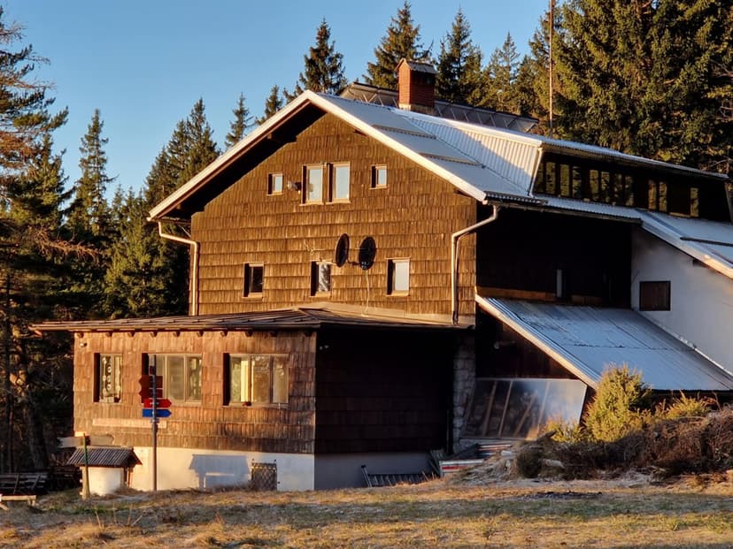 Wooden mountain hut with shingled facade and metal roof in a forest setting.
