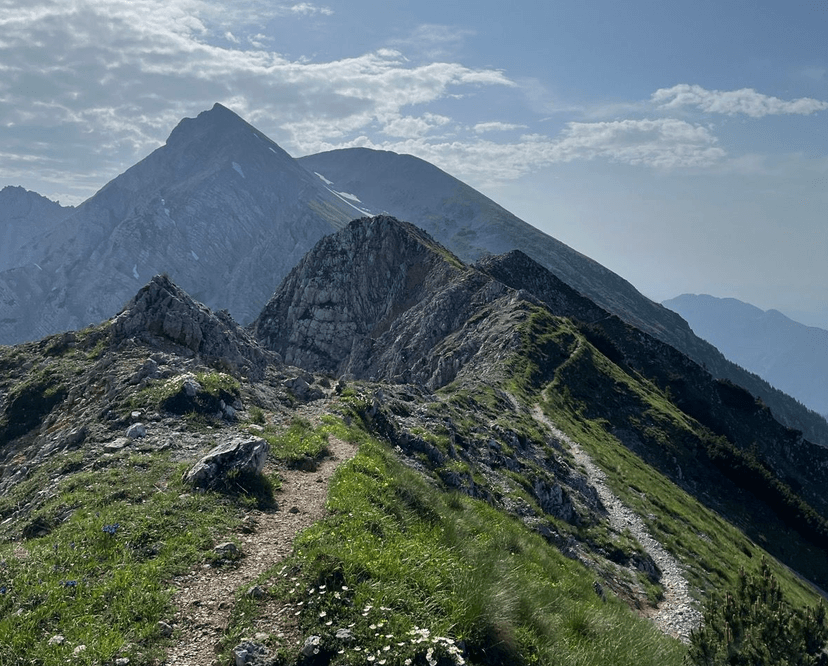 Hiking trail along a rocky mountain ridge at Mount Stol and Golica.
