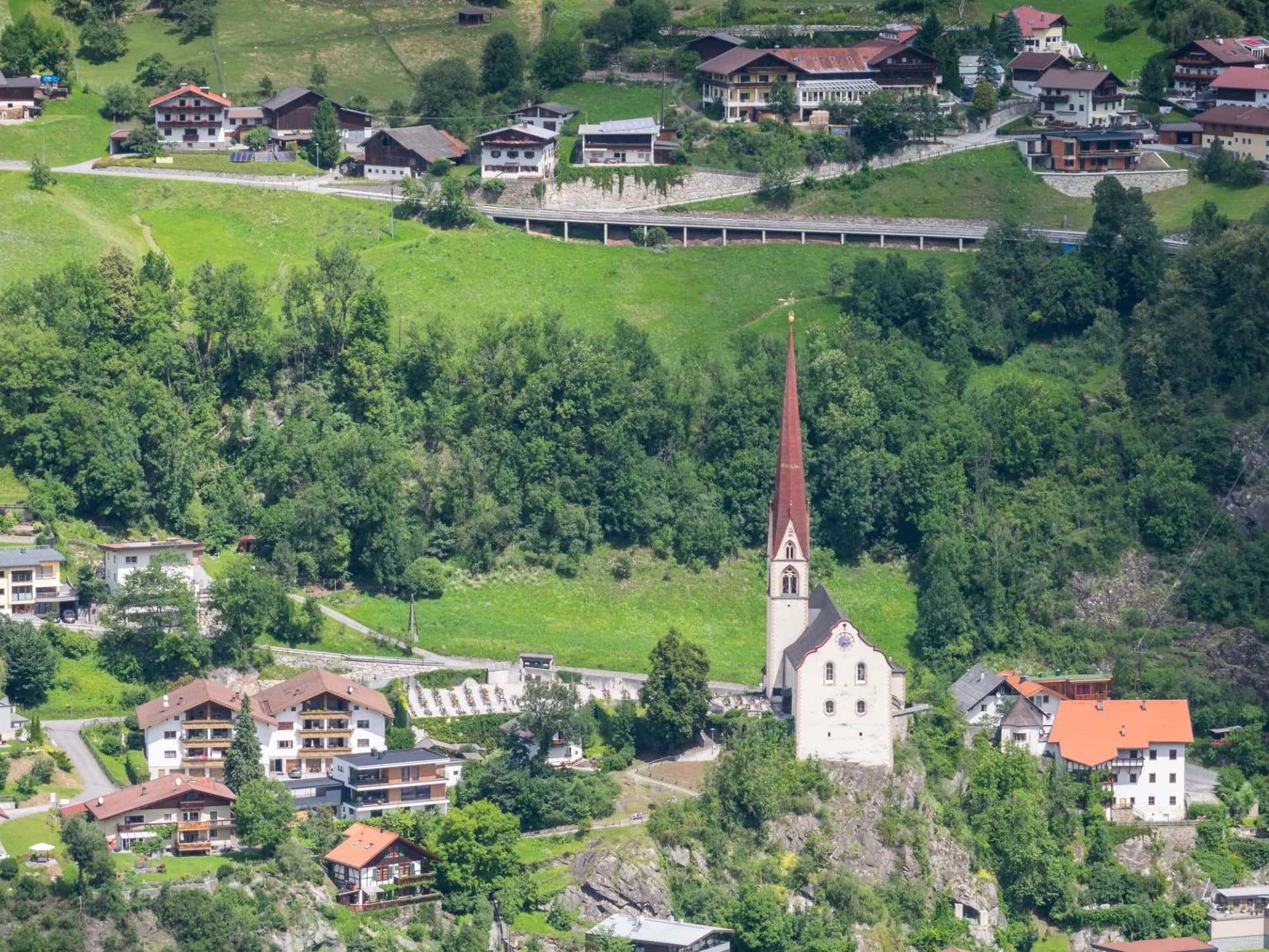 Aerial view over the village of Oetz, Tyrol, Austria