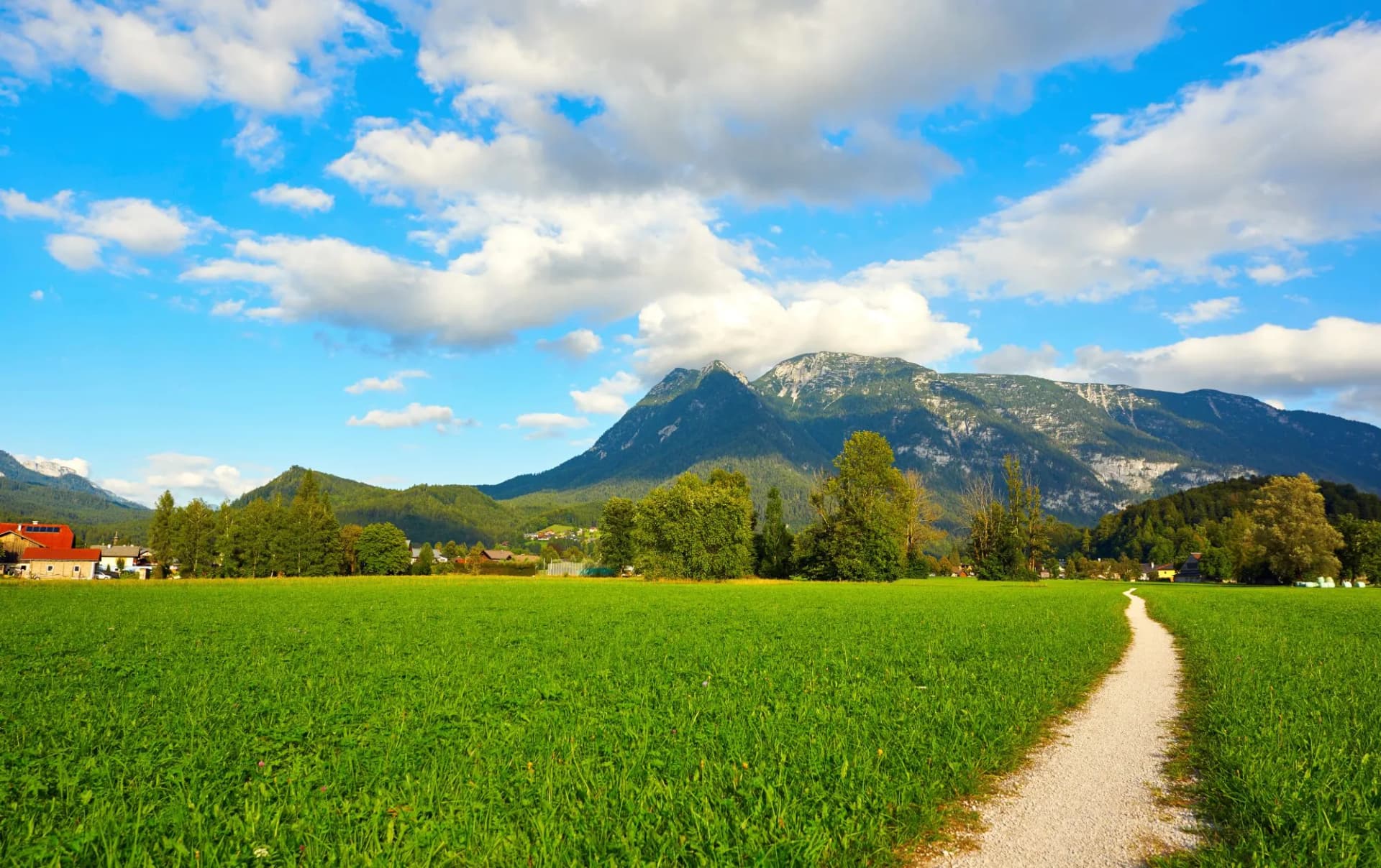 Beautiful Austrian Landscape with Field, Mountains and Pathway. Bad Goisern, Upper Austria.