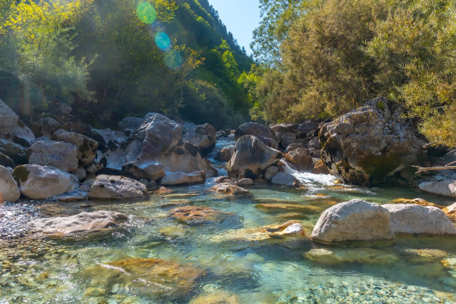 Clear river flowing over rocks surrounded by lush green nature in Valbona, Albania.