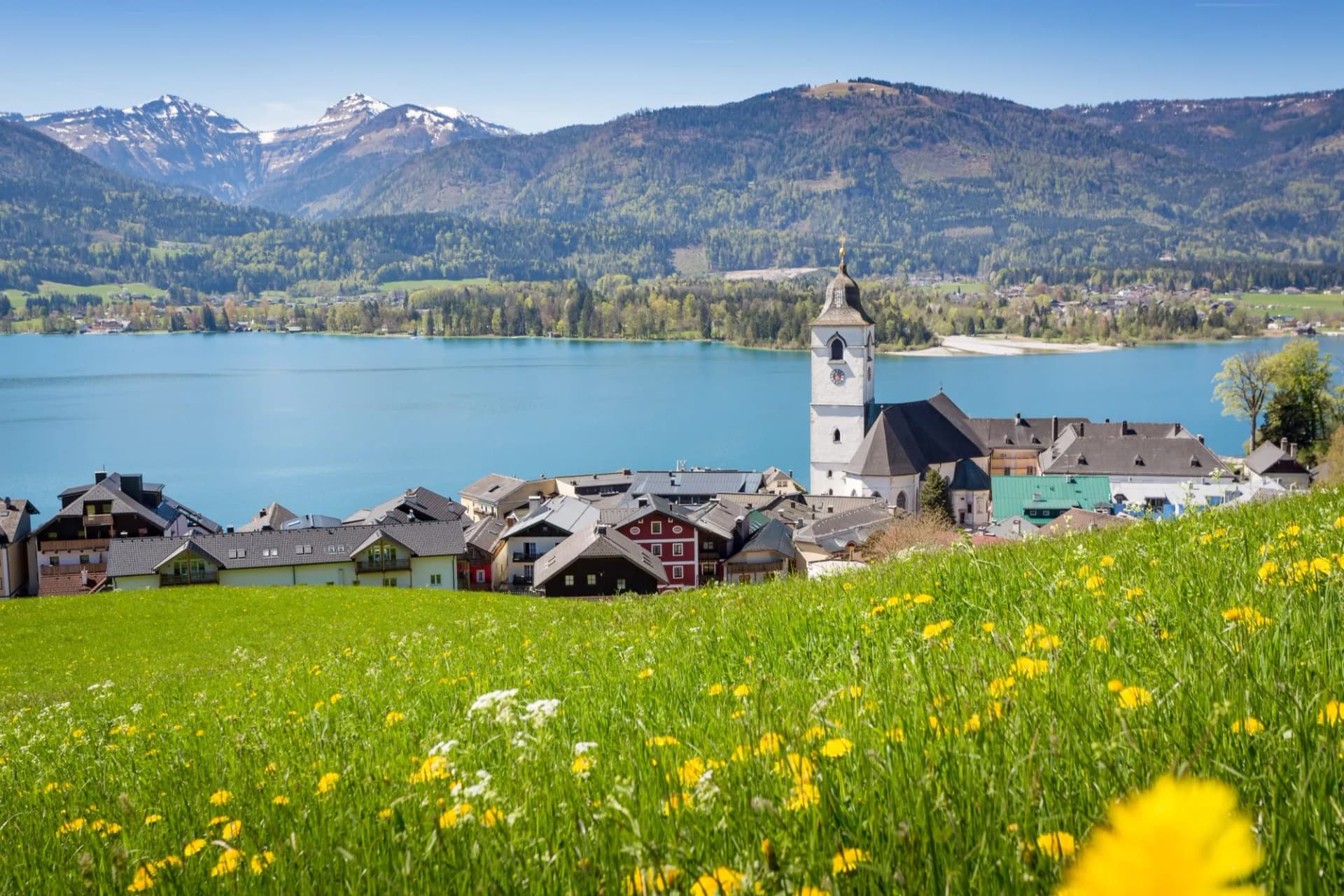 View over St. Wolfgang with Wolfgangsee lake, Salzkammergut, Austria