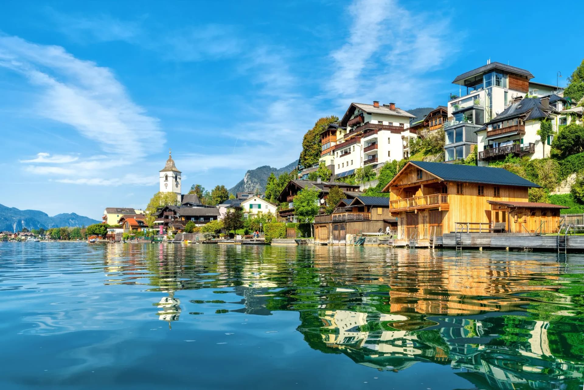Panoramic view from the Wolfgangsee to the village St. Wolfgang with the mountains in the background