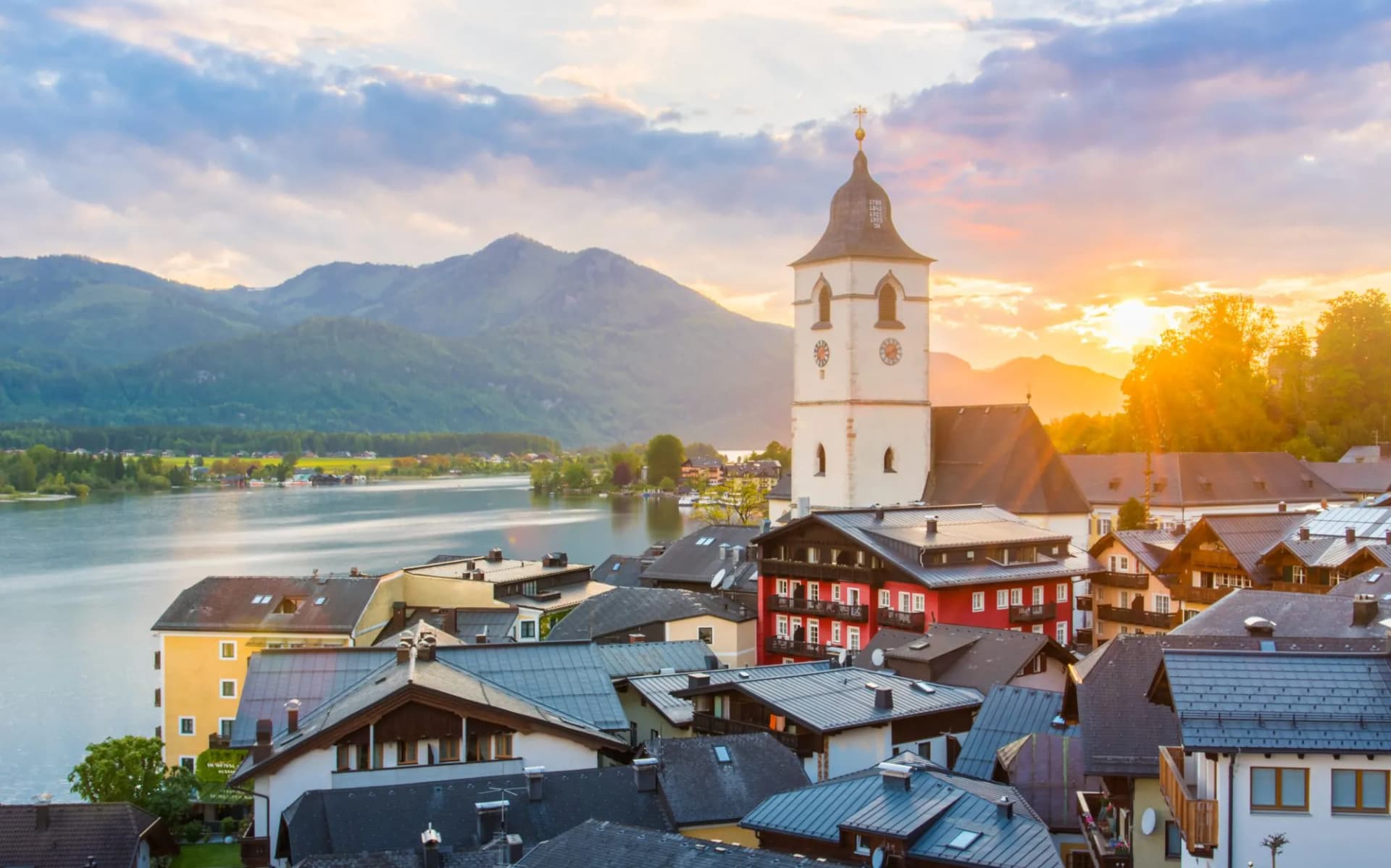 View from the hotel at St. Wolfgang Lake in beautiful Sunset summer time