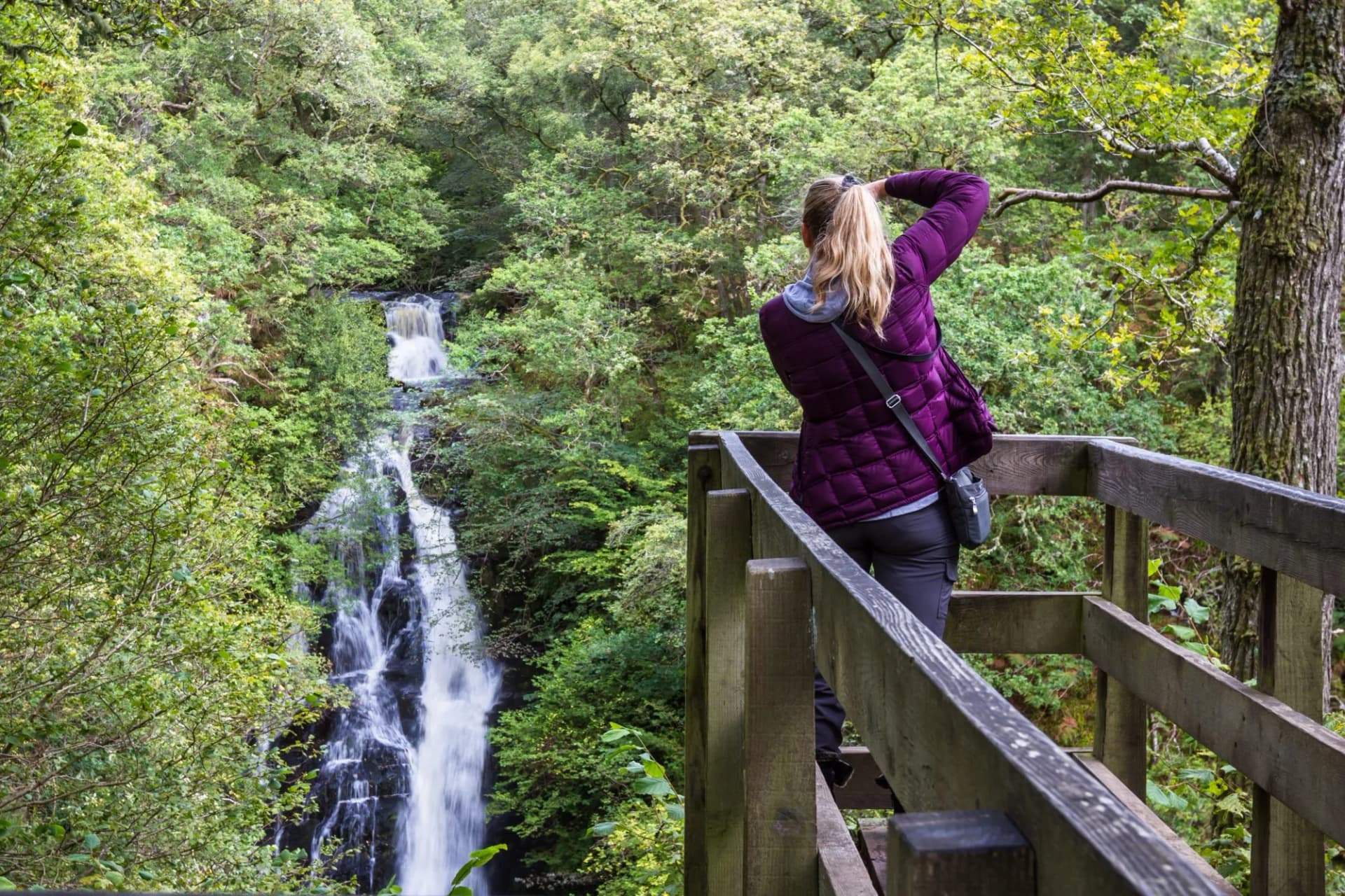 Woman photographing a cascading waterfall from a wooden viewing platform in a lush forest.