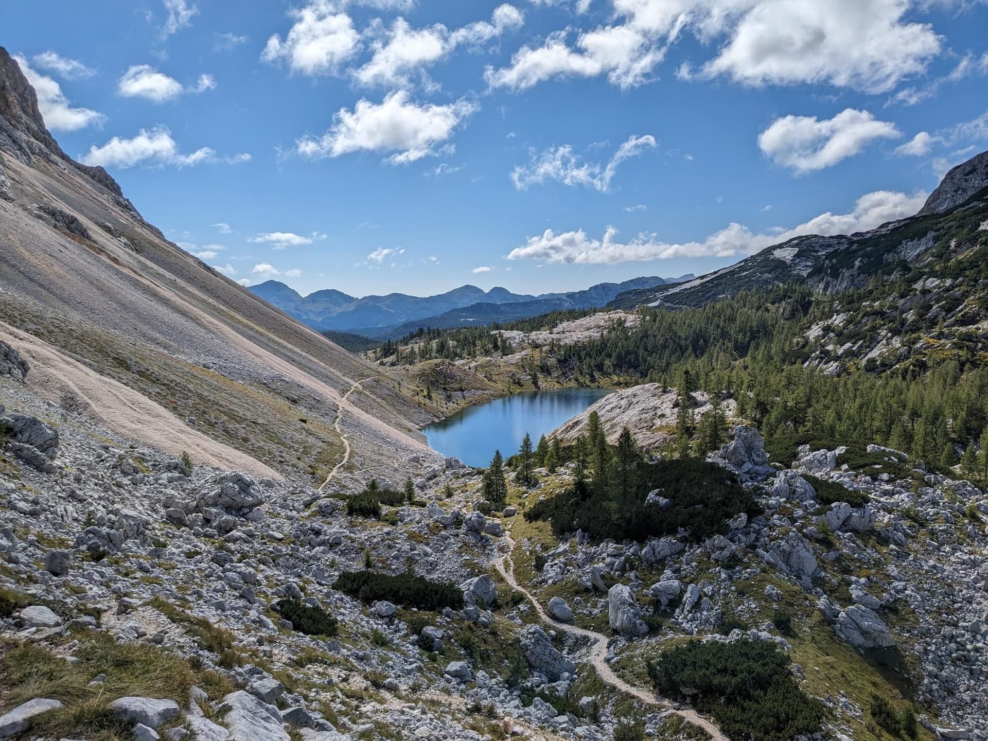 Alpine lake surrounded by rocky mountain slopes, pine trees, and hiking trails under a blue sky with clouds.