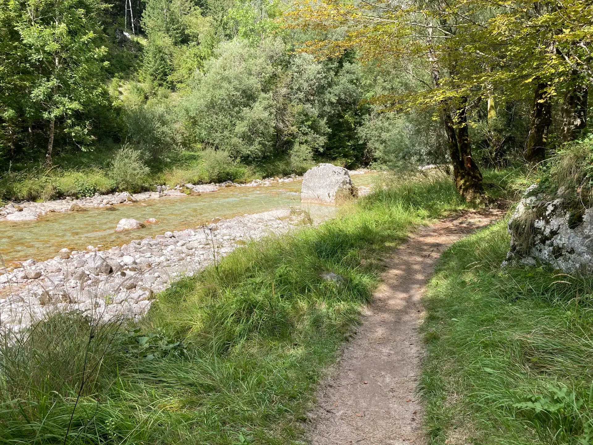 Hiking trail along a shallow, clear mountain river surrounded by green trees and forest.