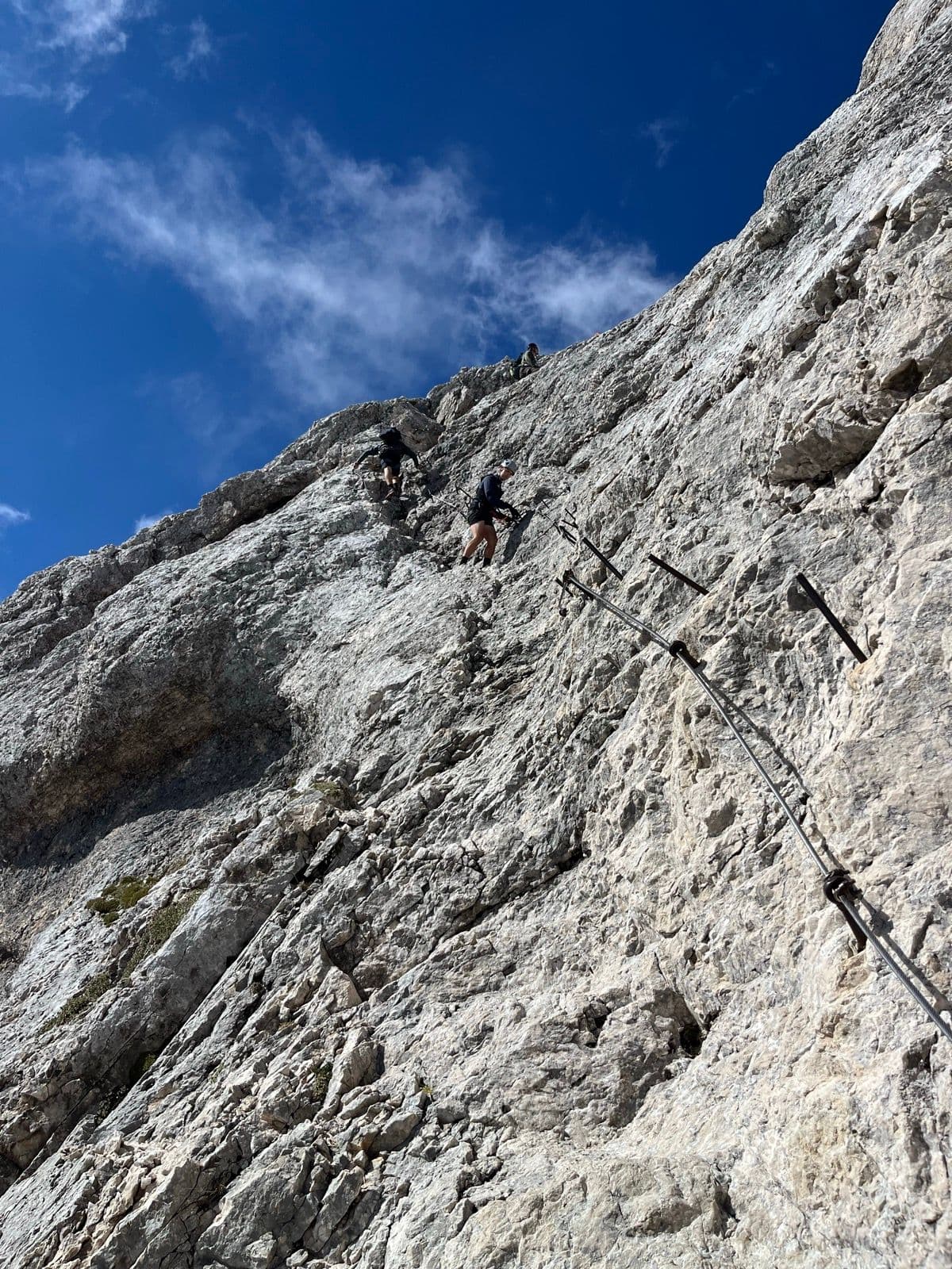 Hikers climbing a steep rocky mountain face on a via ferrata route with steel cables and rungs on Mount Triglav.