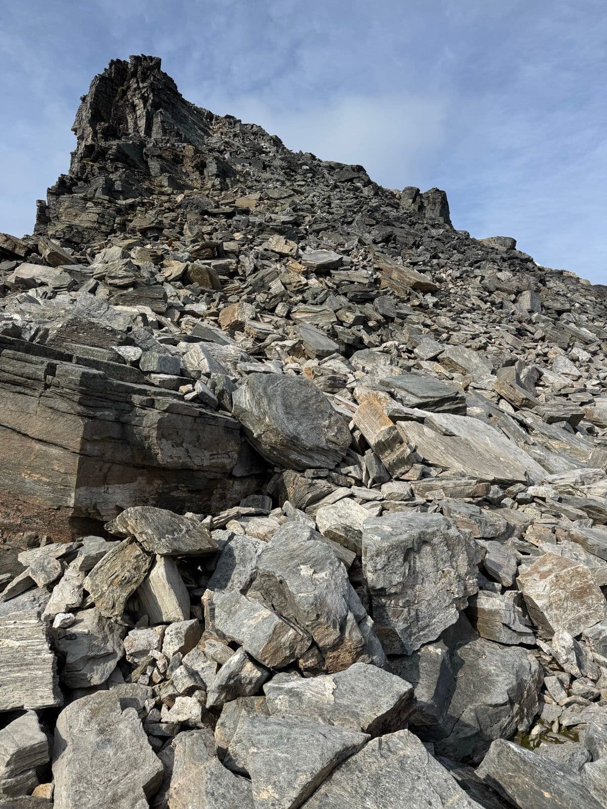 Rocky mountain peak in Trollheimen with large grey stones and boulders under a blue sky.
