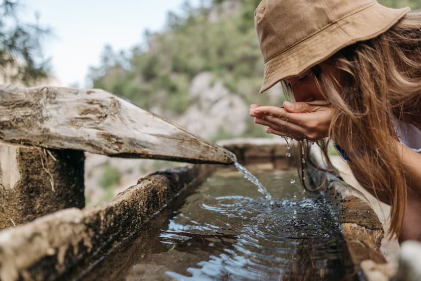 Person drinking fresh water from cupped hands at a wooden trough in nature