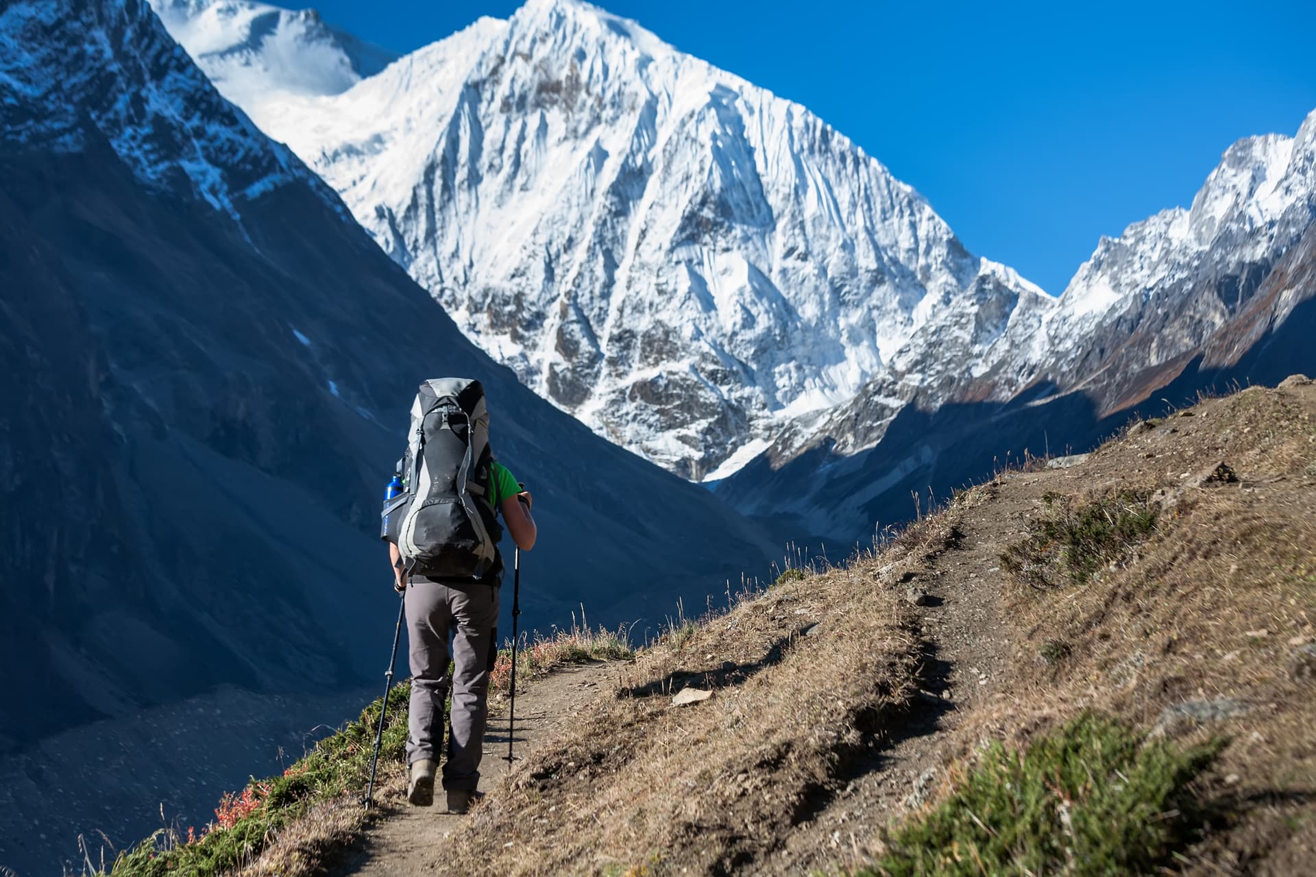 Hiker with large backpack trekking on dirt path below massive snow-capped Himalayan mountains.