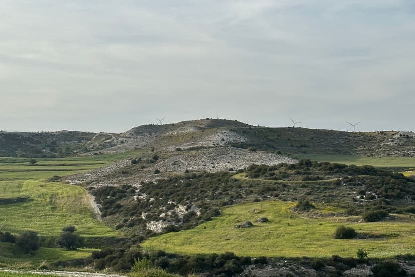 Vouni, Ineia, and Akamas inland ridge landscape with green fields and hills in Cyprus
