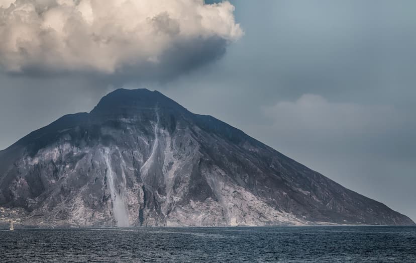 Stromboli volcano Sciara del Fuoco slope with plume in Sicily, Italy