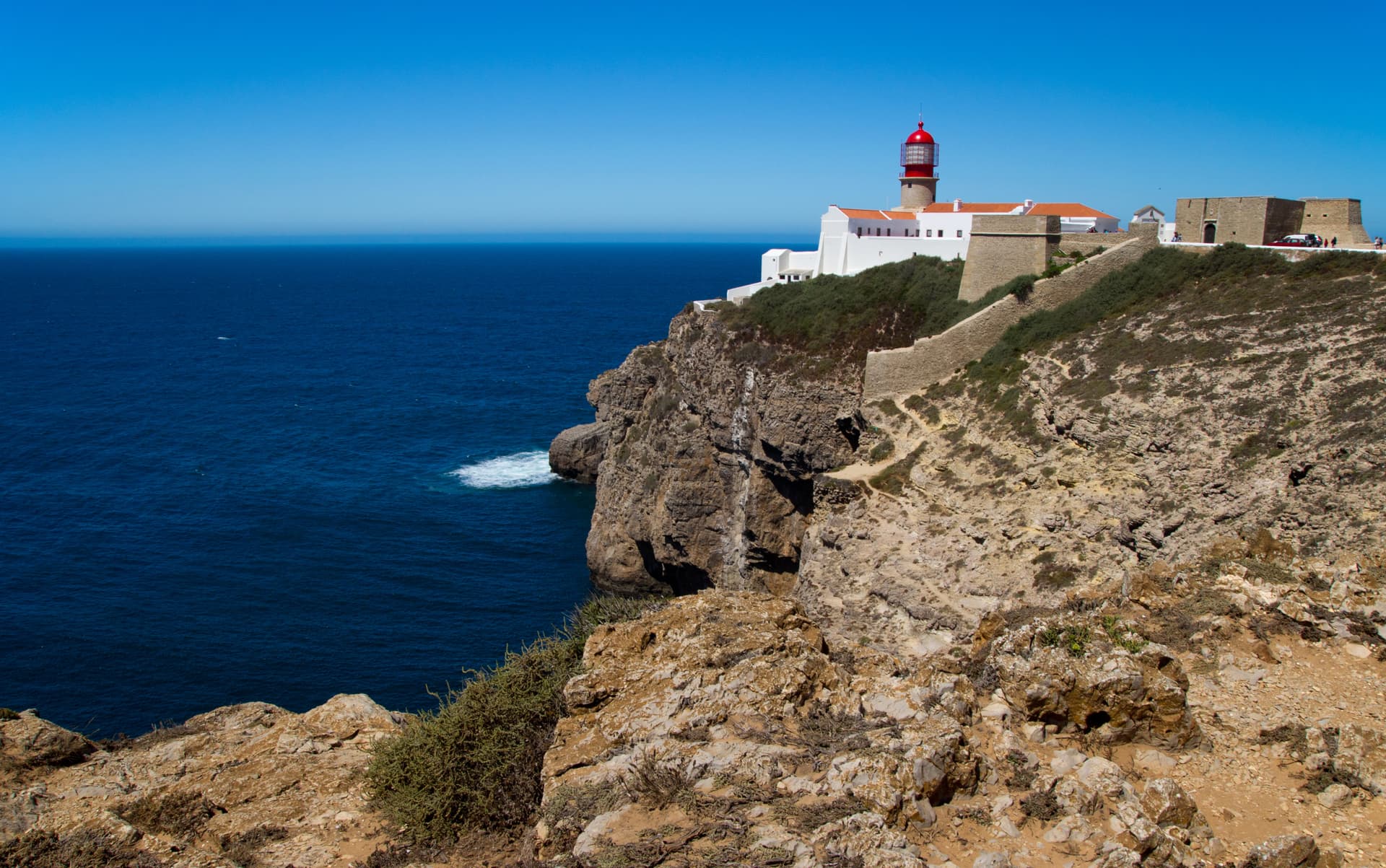 Lighthouse at Cape of Saint Vincent on rugged cliff overlooking deep blue sea under clear sky.
