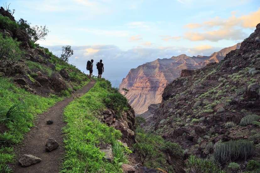 Hikers with backpacks on mountain trail overlooking a canyon at sunset