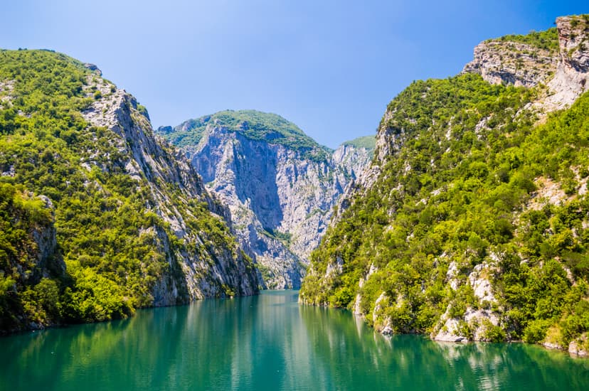 Green river canyon with steep forested mountain cliffs under clear blue sky