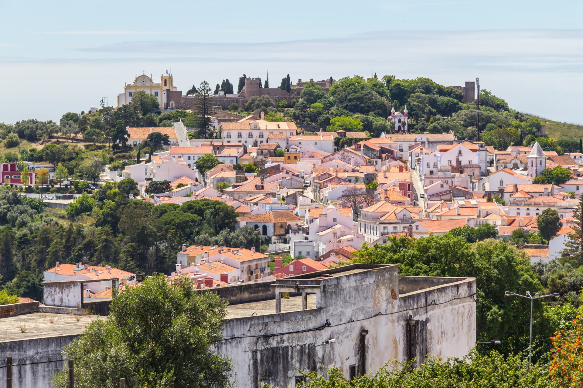 City view of Santiago do Cacem with white buildings, terracotta roofs, and castle ruins on a green hill.