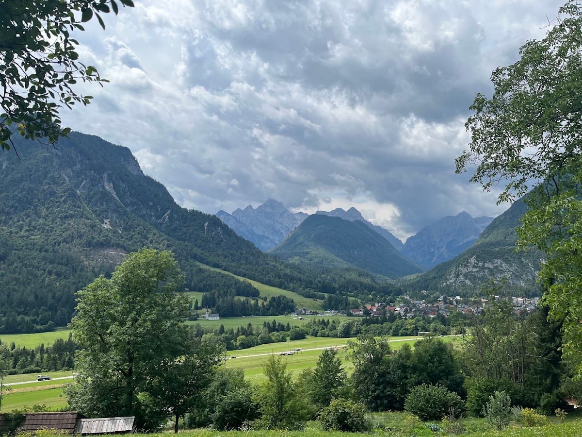 Alpine valley with green meadows, forested mountains, village houses, and a cloudy sky