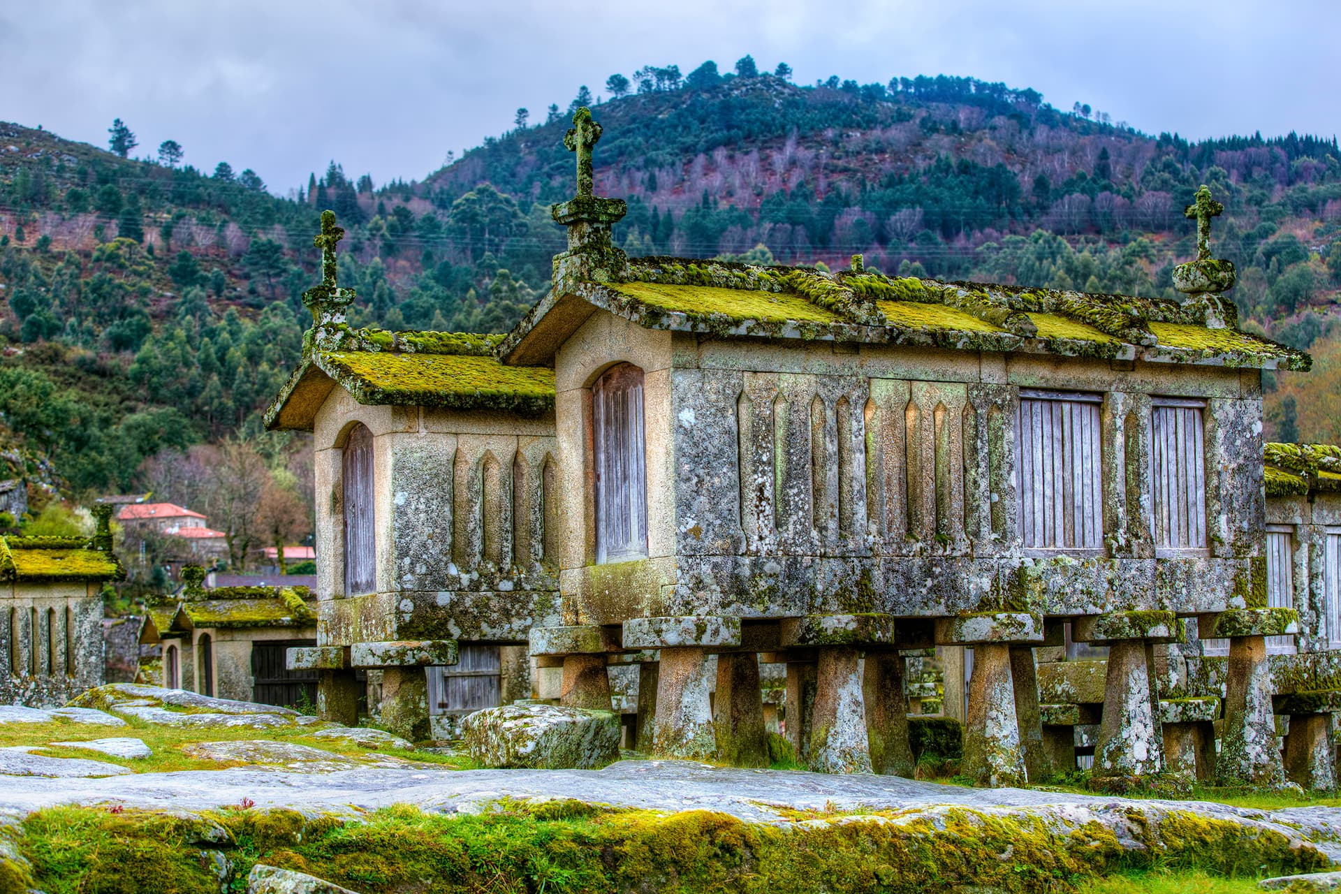 Moss-covered stone granaries (espigueiros) in Lindoso, Portugal, with a forested mountain backdrop.