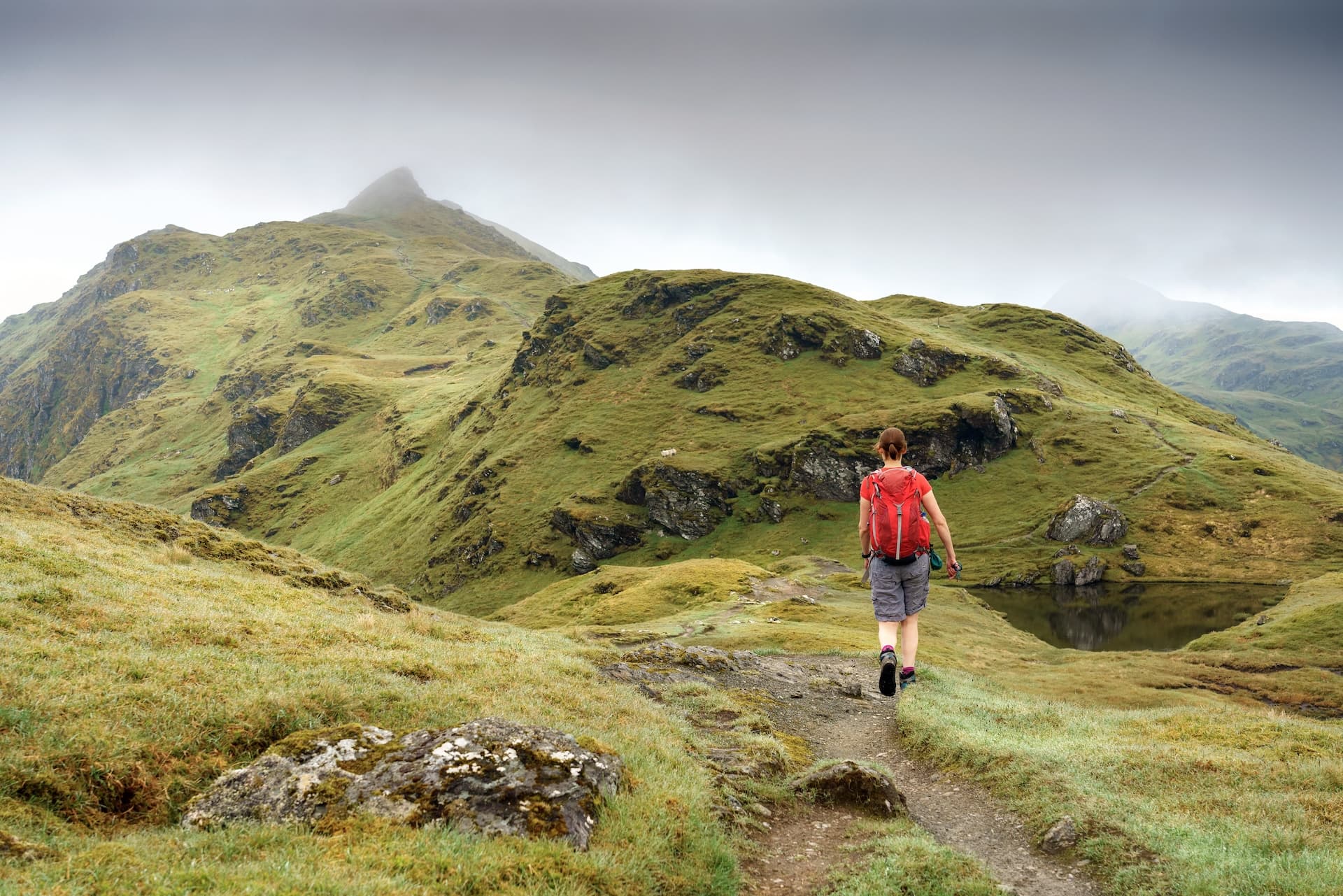 Hiker with red backpack walking on trail near Loch Tay in the Scottish Highlands.