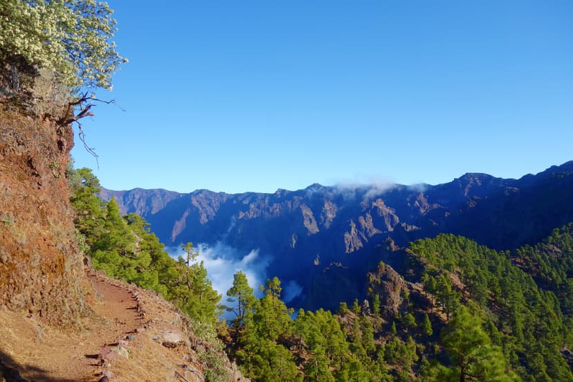 Mountain peaks with pine trees, hiking trail, and clouds in valley under blue sky