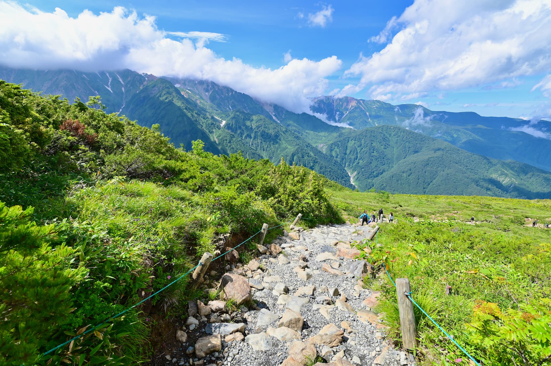 Hikers on a rocky trail through green alpine meadows in the Northern Japanese Alps.