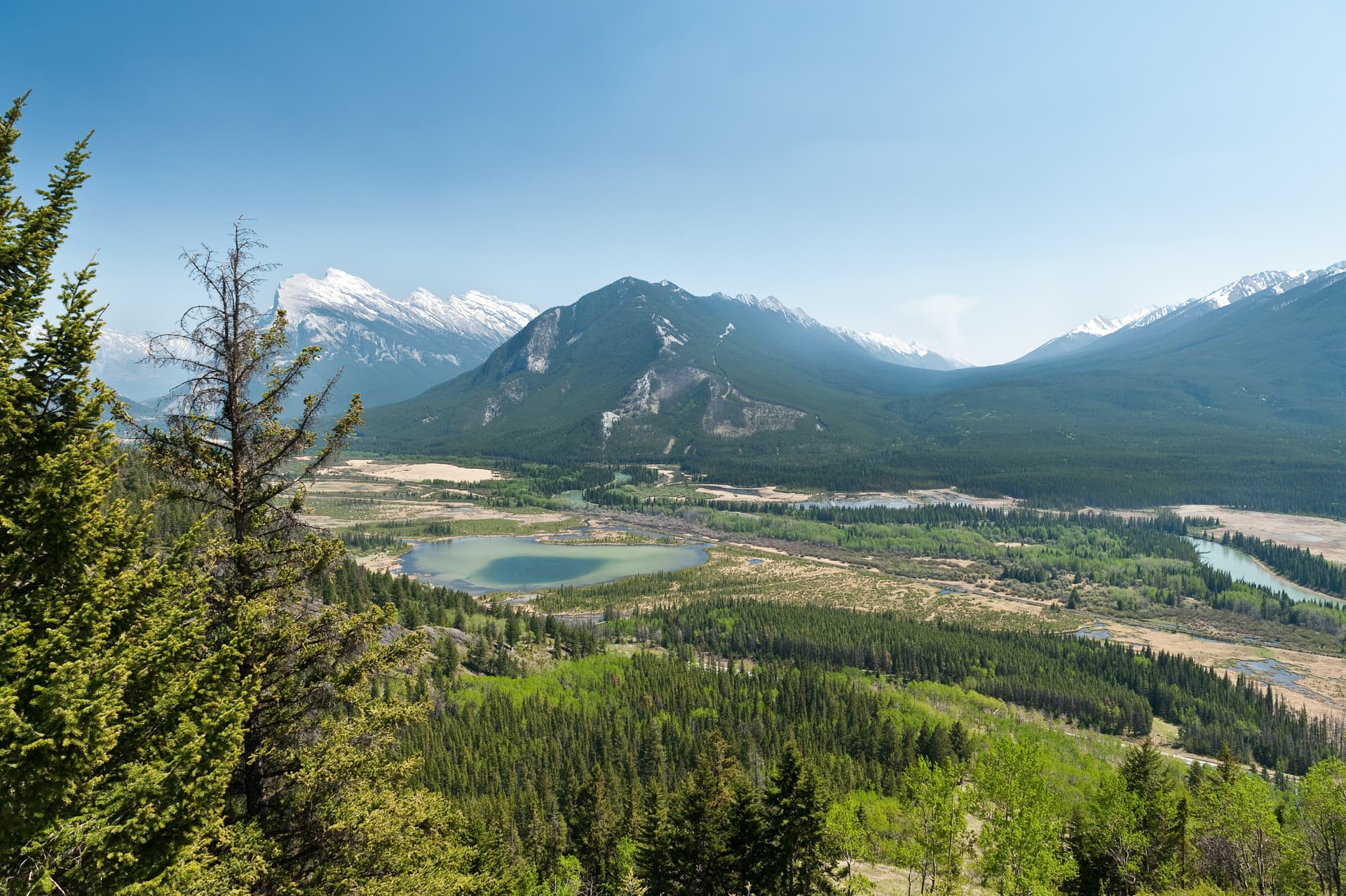 View from Cory Pass trail overlooking forested valley, turquoise lakes, and snow-capped mountains.