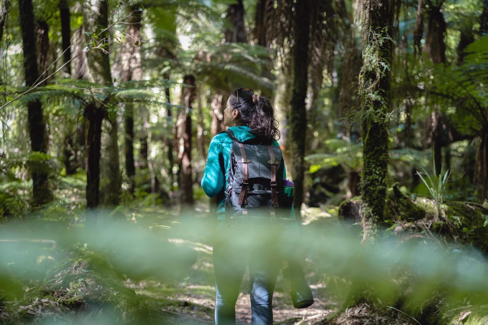 Brunette woman exploring the wild forest with her camera