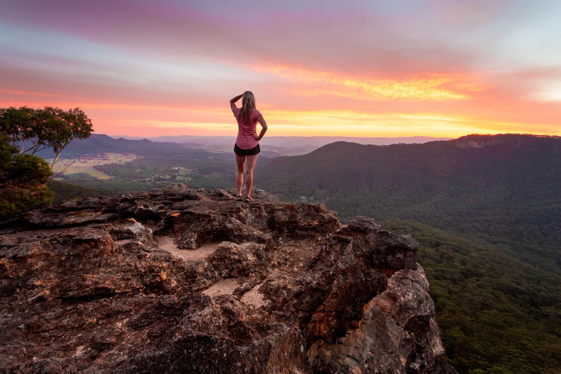 Hiker at sunset in the Blue Mountains
