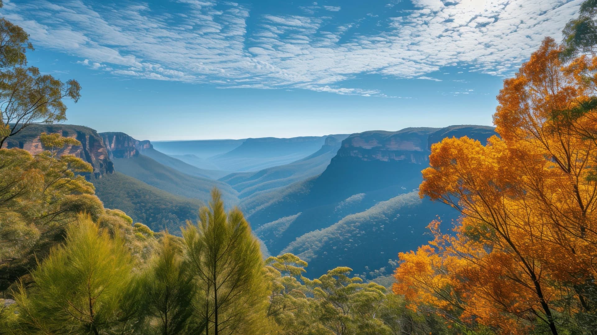 Autumn trees above a Blue Mountains valley