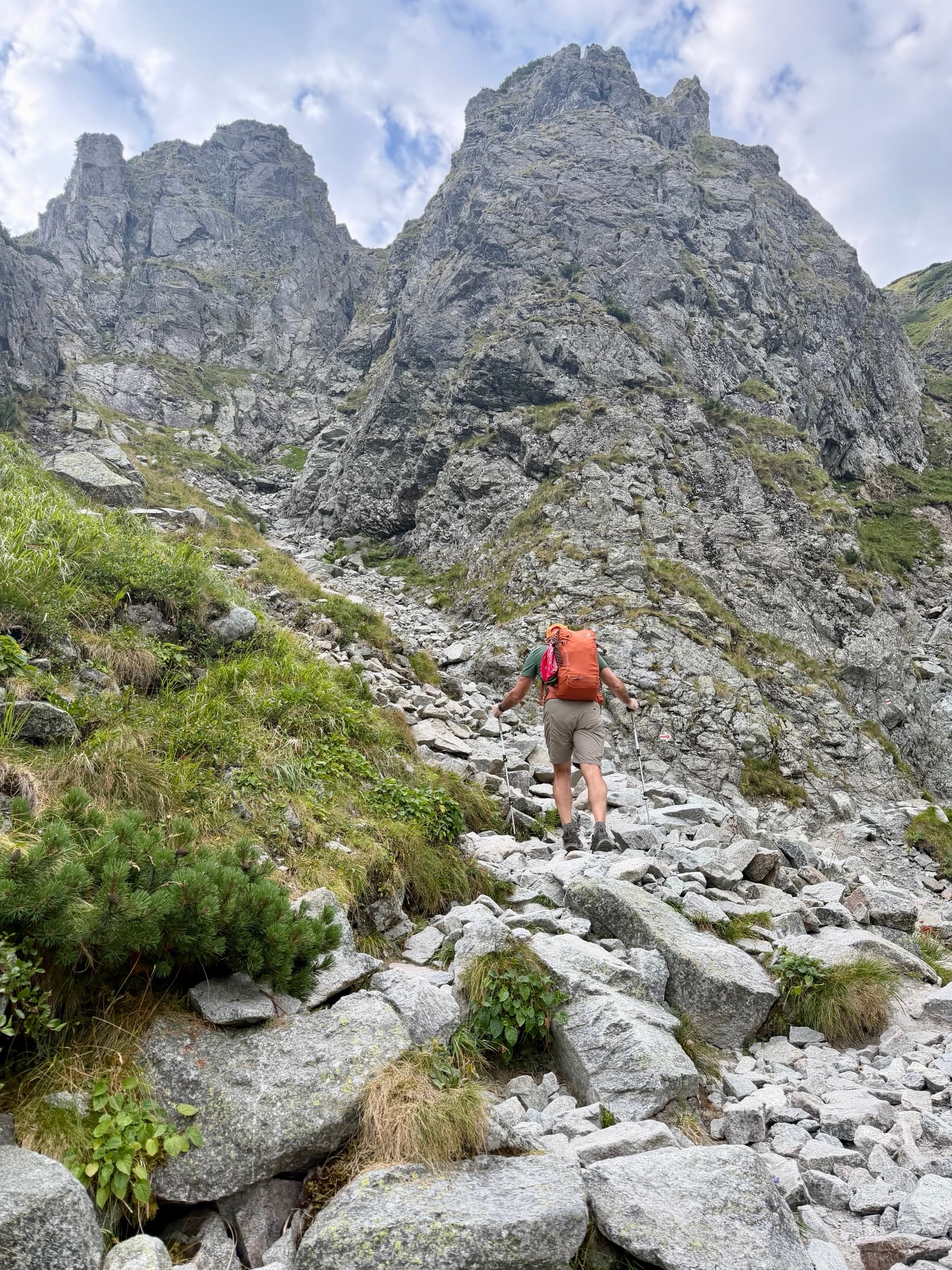 Hiker climbing rocky mountain path with trekking poles