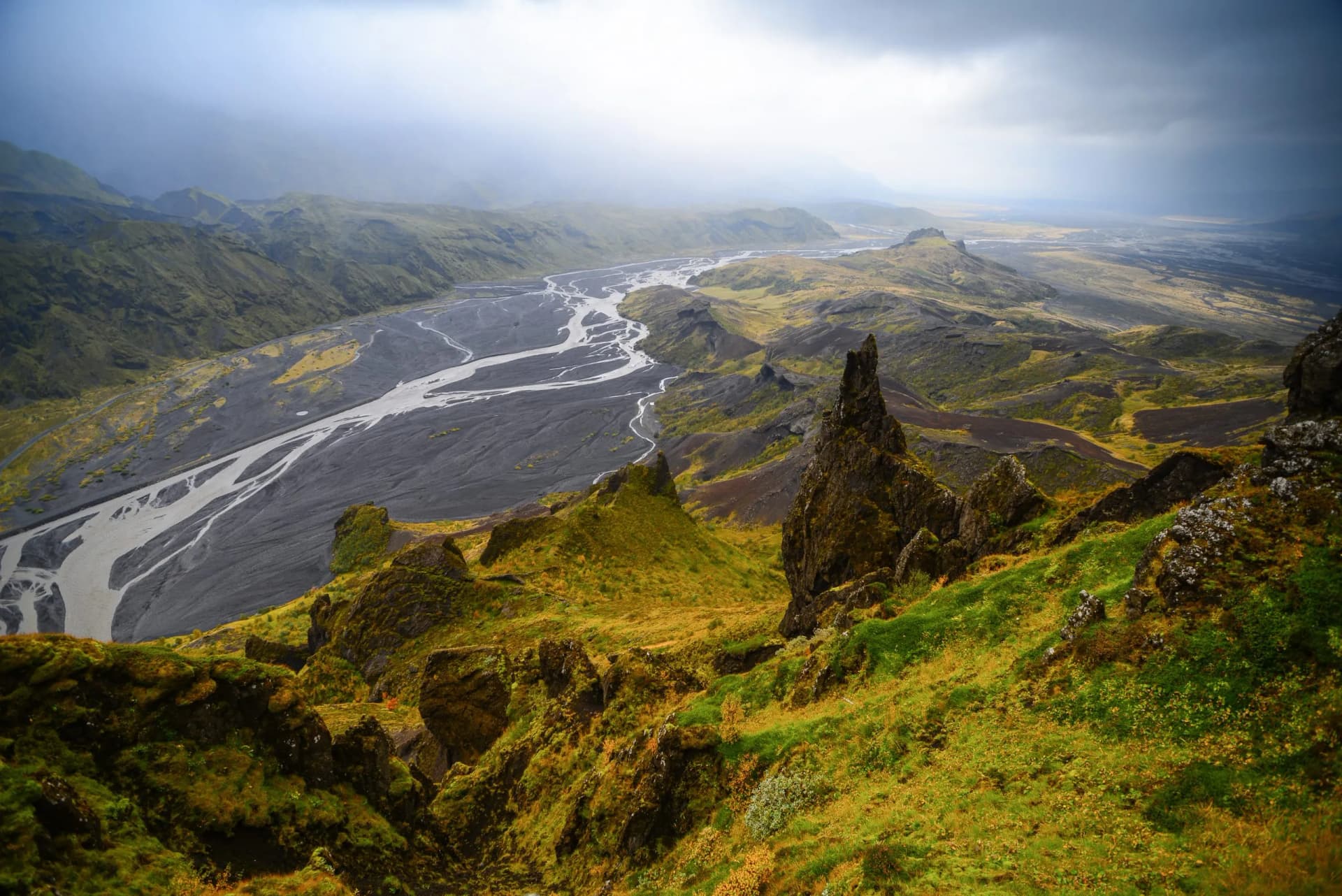 View of Thórsmörk valley from the summit of Mt. Valahnúkur, Thórsmörk National Park, Iceland