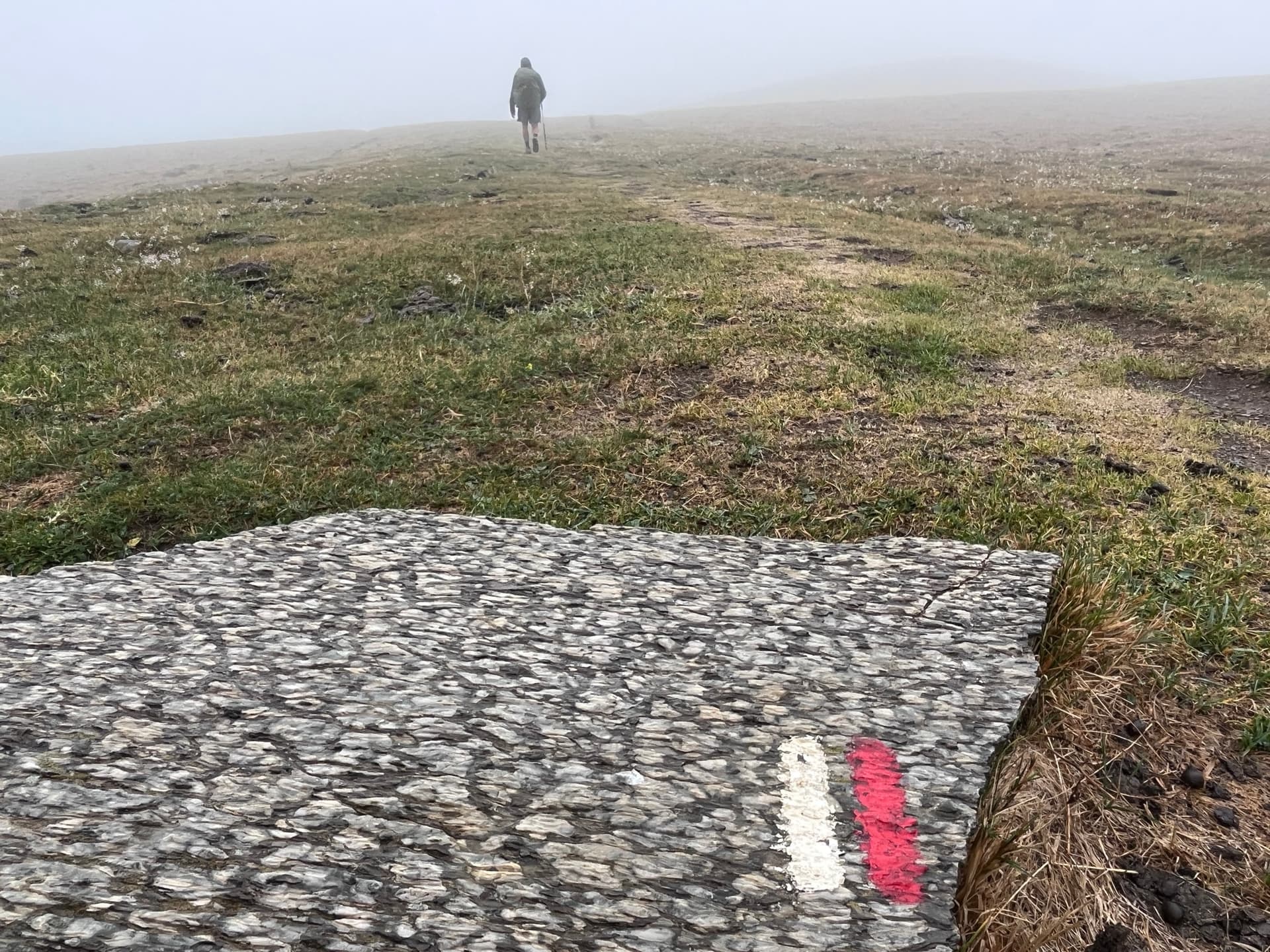 Hiker on a foggy ridge trail with a GR10 waymark painted on a rock