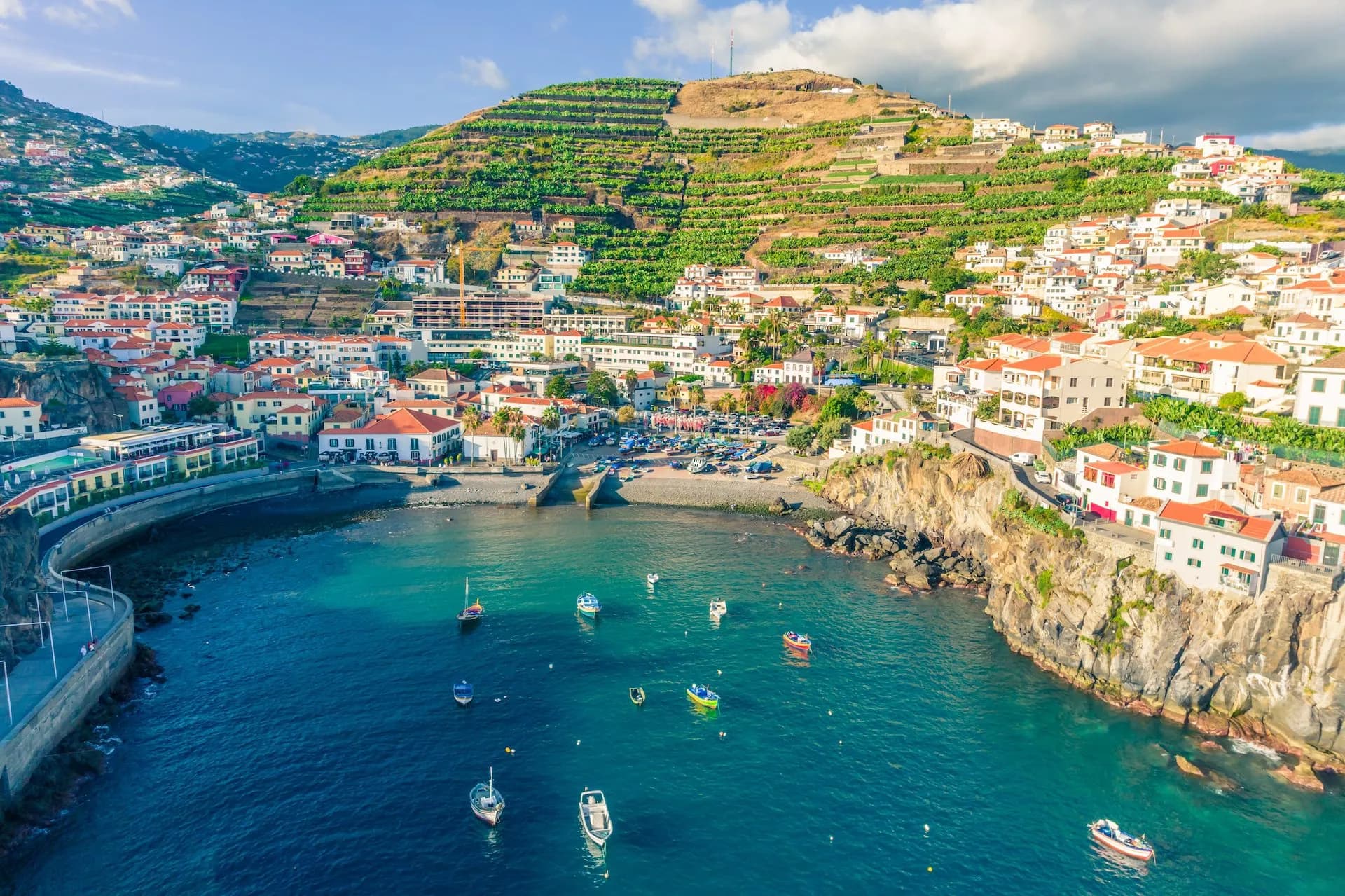 Coastal town with white buildings and terraced green hillsides meeting deep blue water with boats, Funchal.