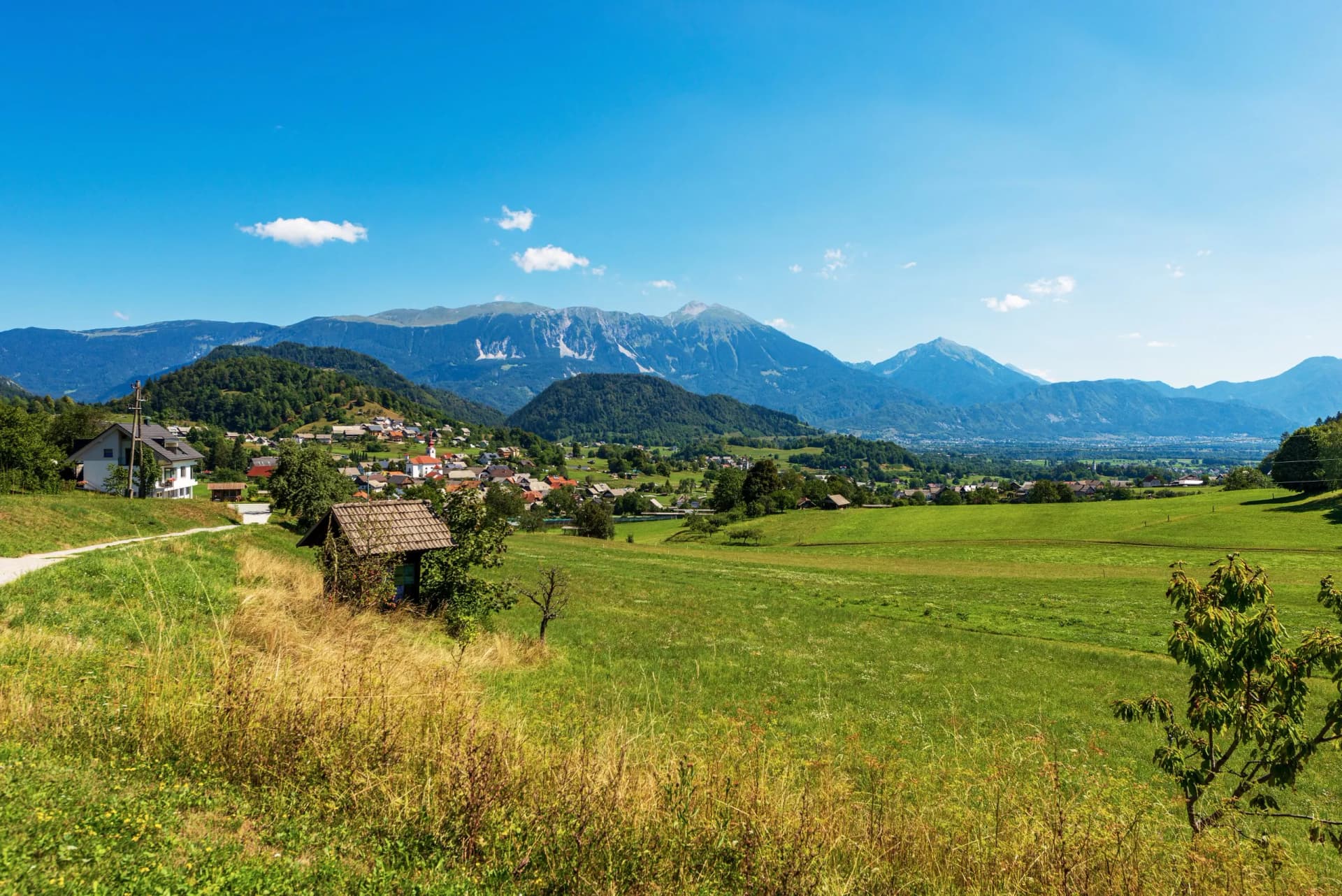 Rural Landscape and Alps in Upper Carniola (Gorenjska) near the small village of Zgornje Gorje, Gorje municipality, Triglav National Park, Slovenia, Europe.