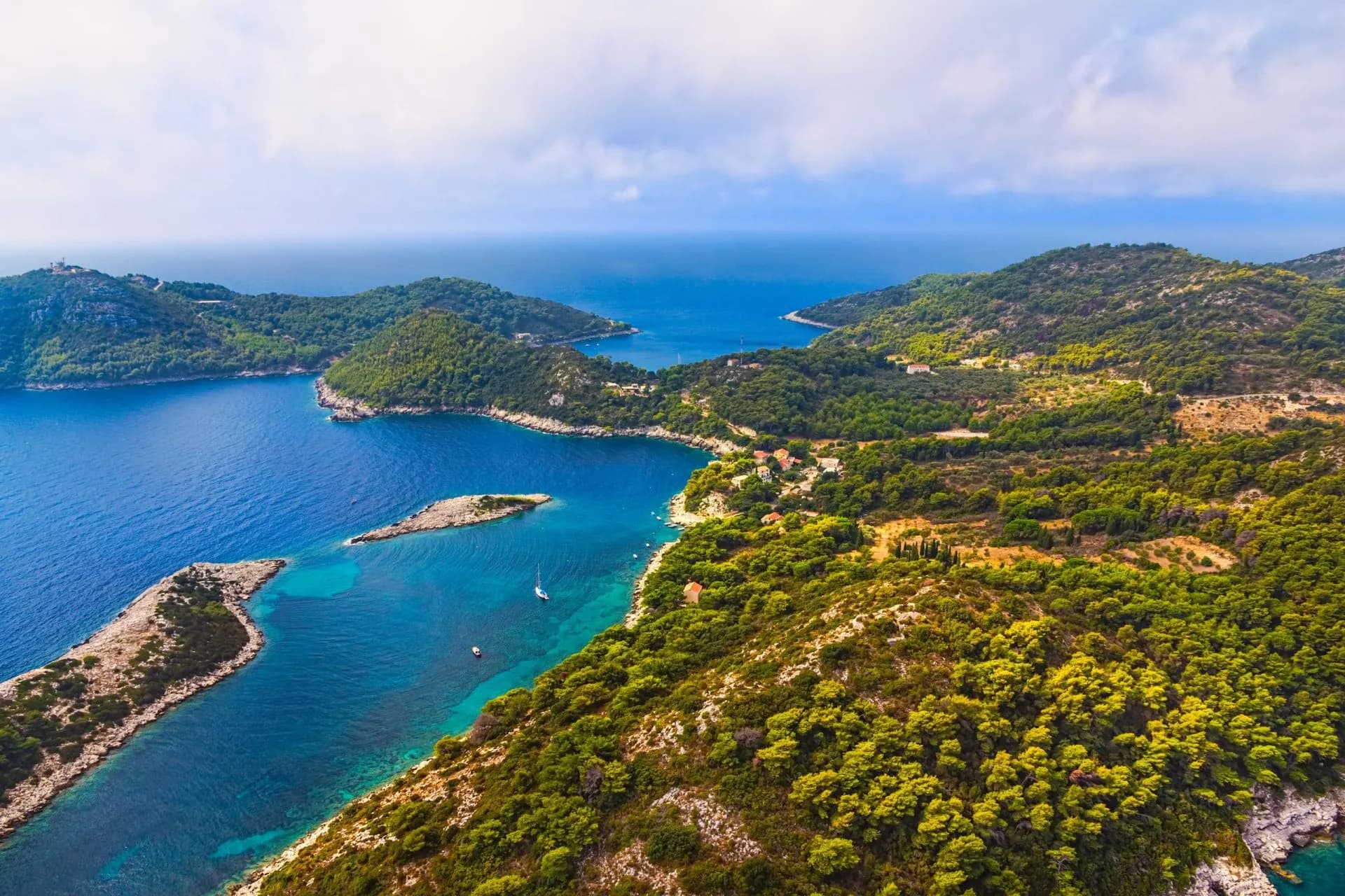 Aerial view of Mljet Island with lush green hills meeting turquoise Adriatic Sea coves.