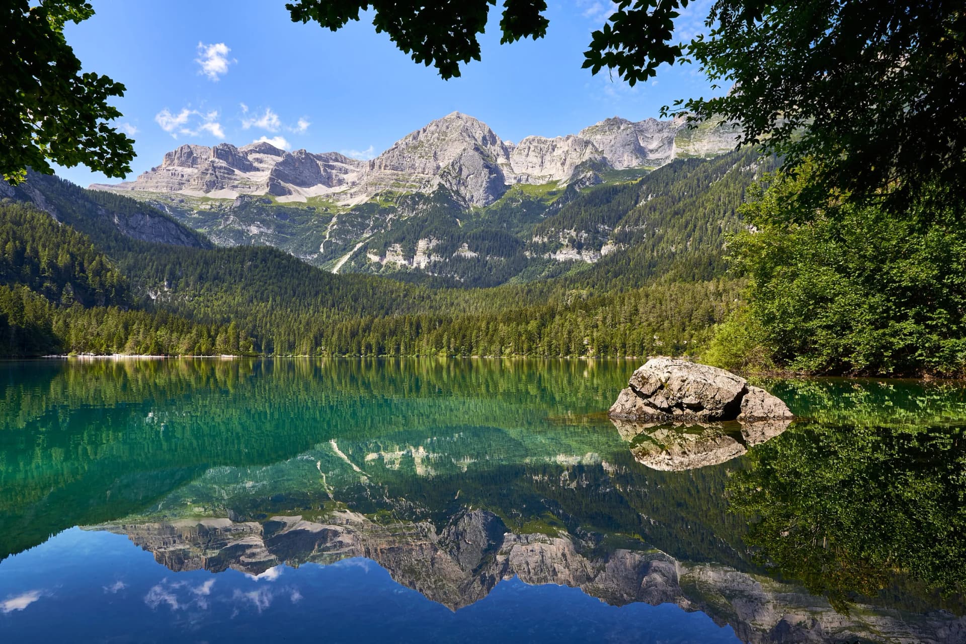 Lake Tovel reflection of mountains and forest in turquoise water framed by leaves