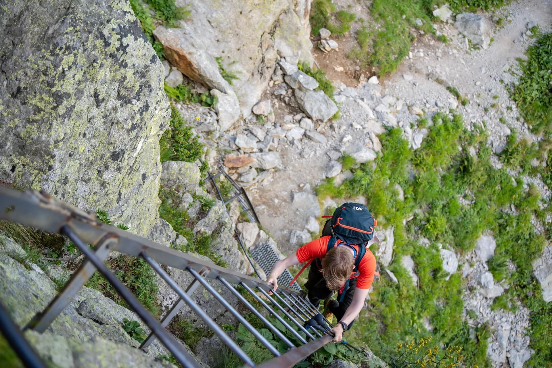 Hiker with backpack ascending steep metal ladder on rocky mountain trail with green vegetation.