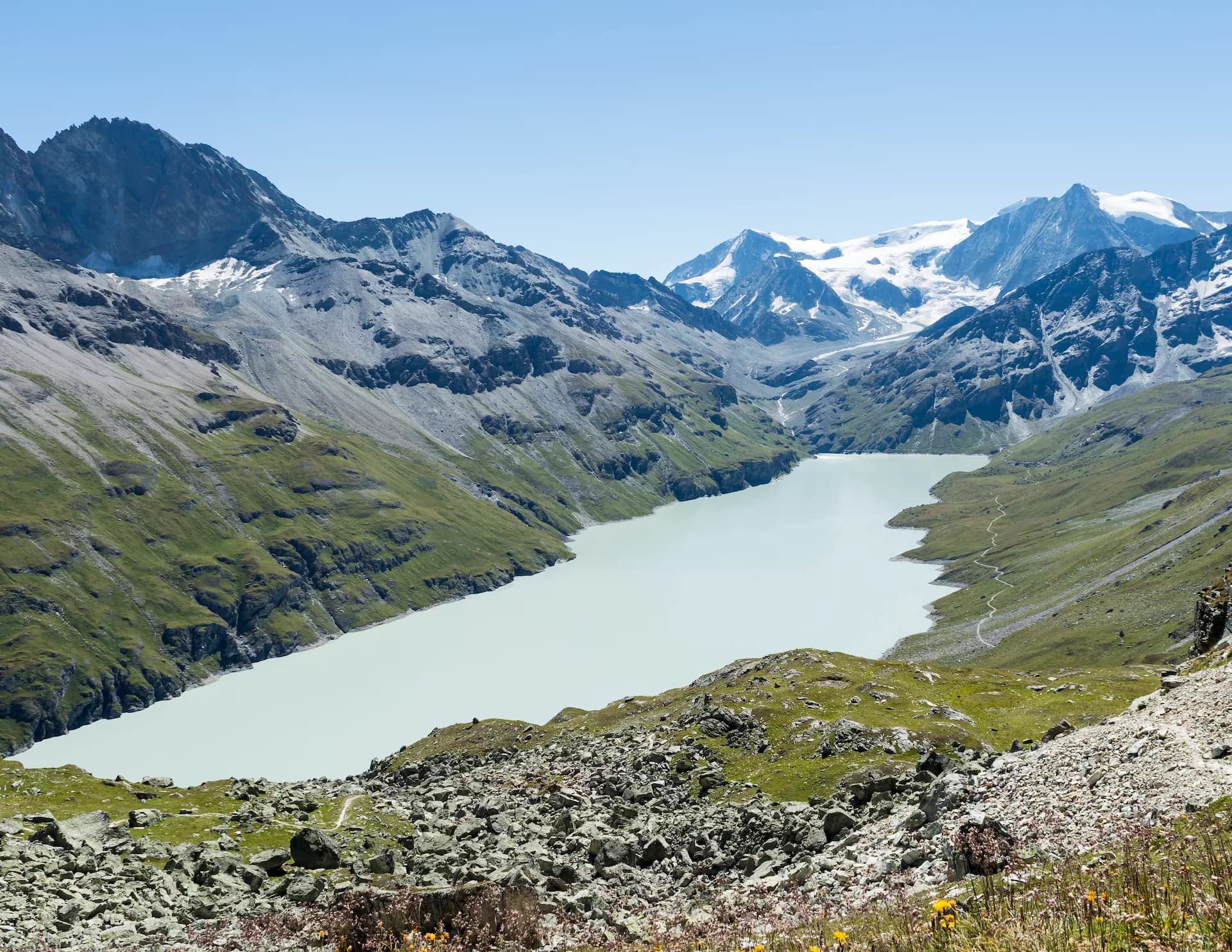 Alpine lake with milky water surrounded by rocky slopes and snow-capped mountains under a clear blue sky.
