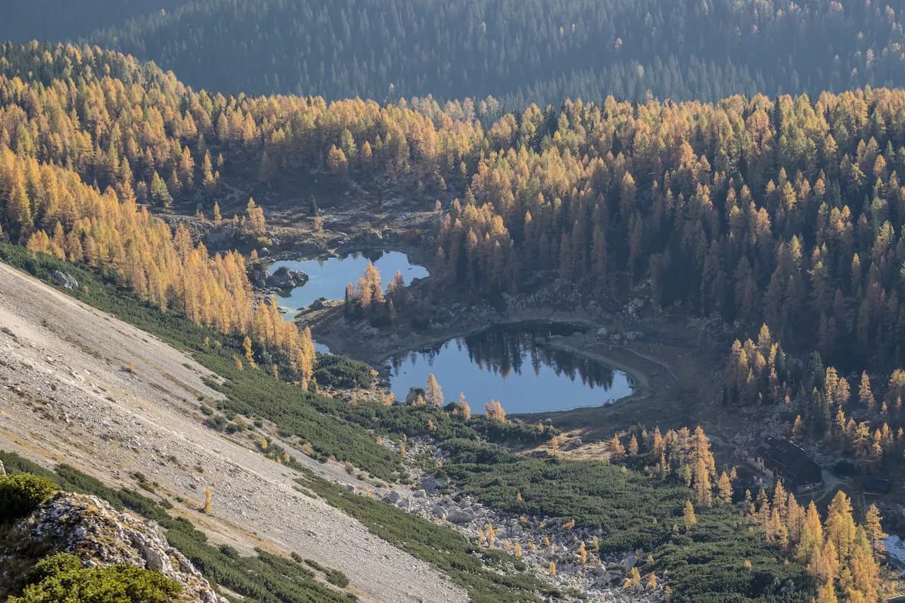 Double lakes nestled in alpine forest with yellow autumn foliage and a distant hut.