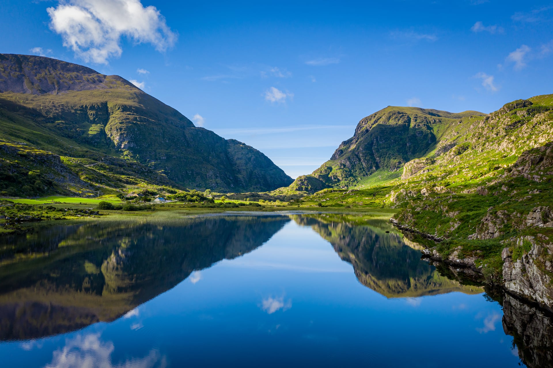 A still lake between steep mountainsides in the Gap of Dunloe