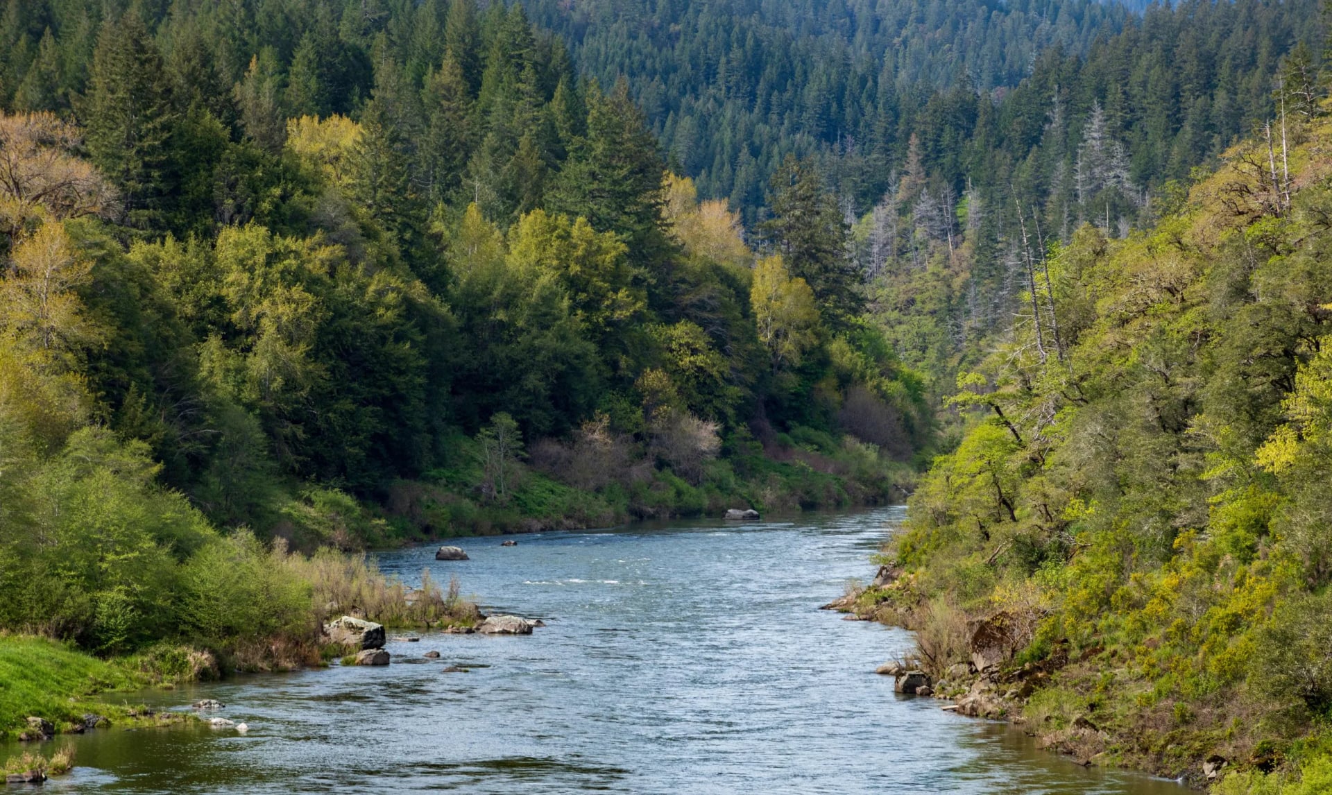 A wide river curving between steep forested banks