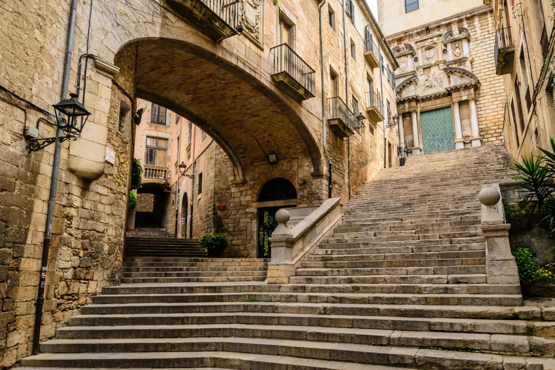 Stone steps and arches in the old city of Girona