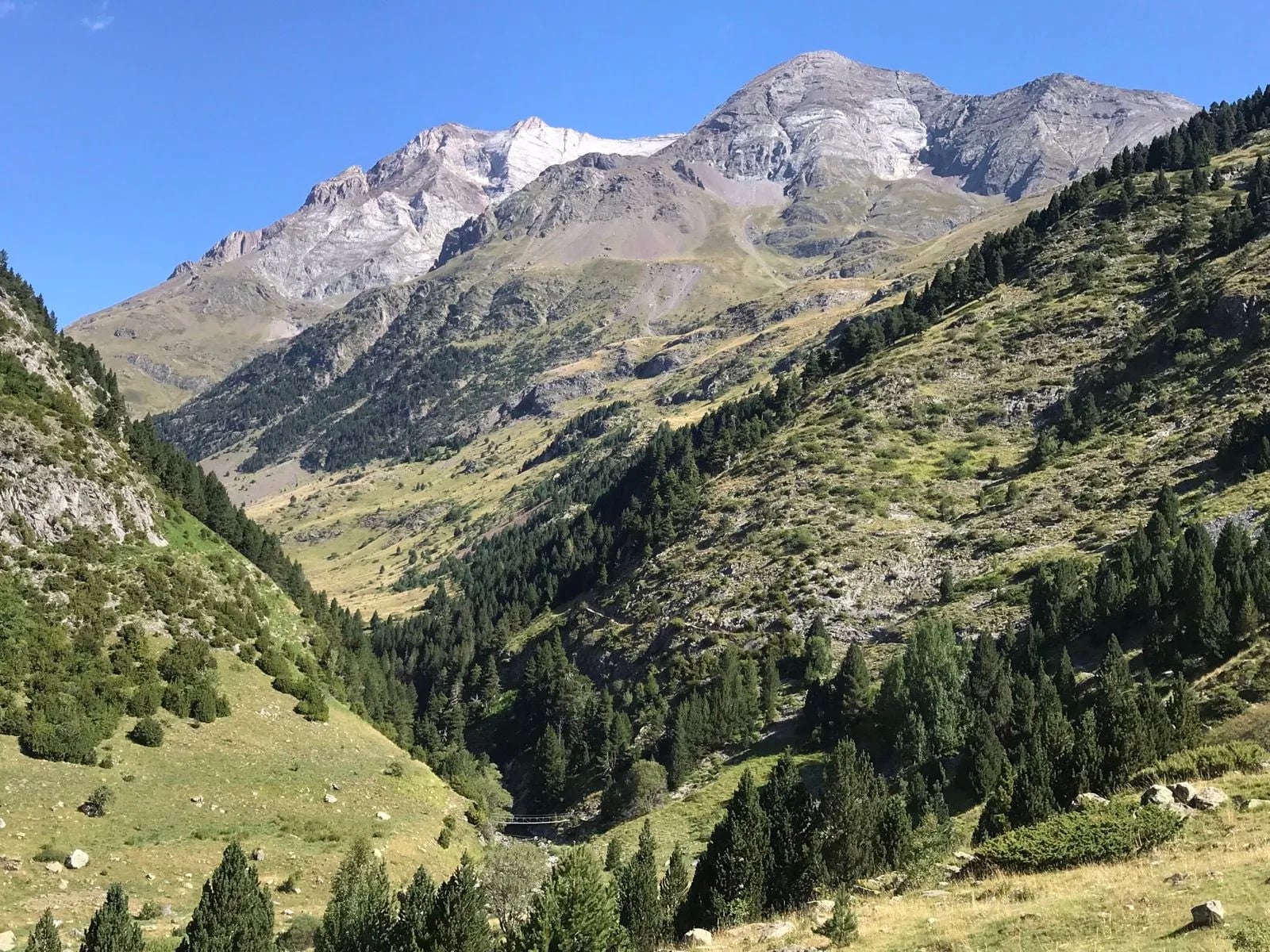 A broad Pyrenean valley below a snow streaked limestone summit