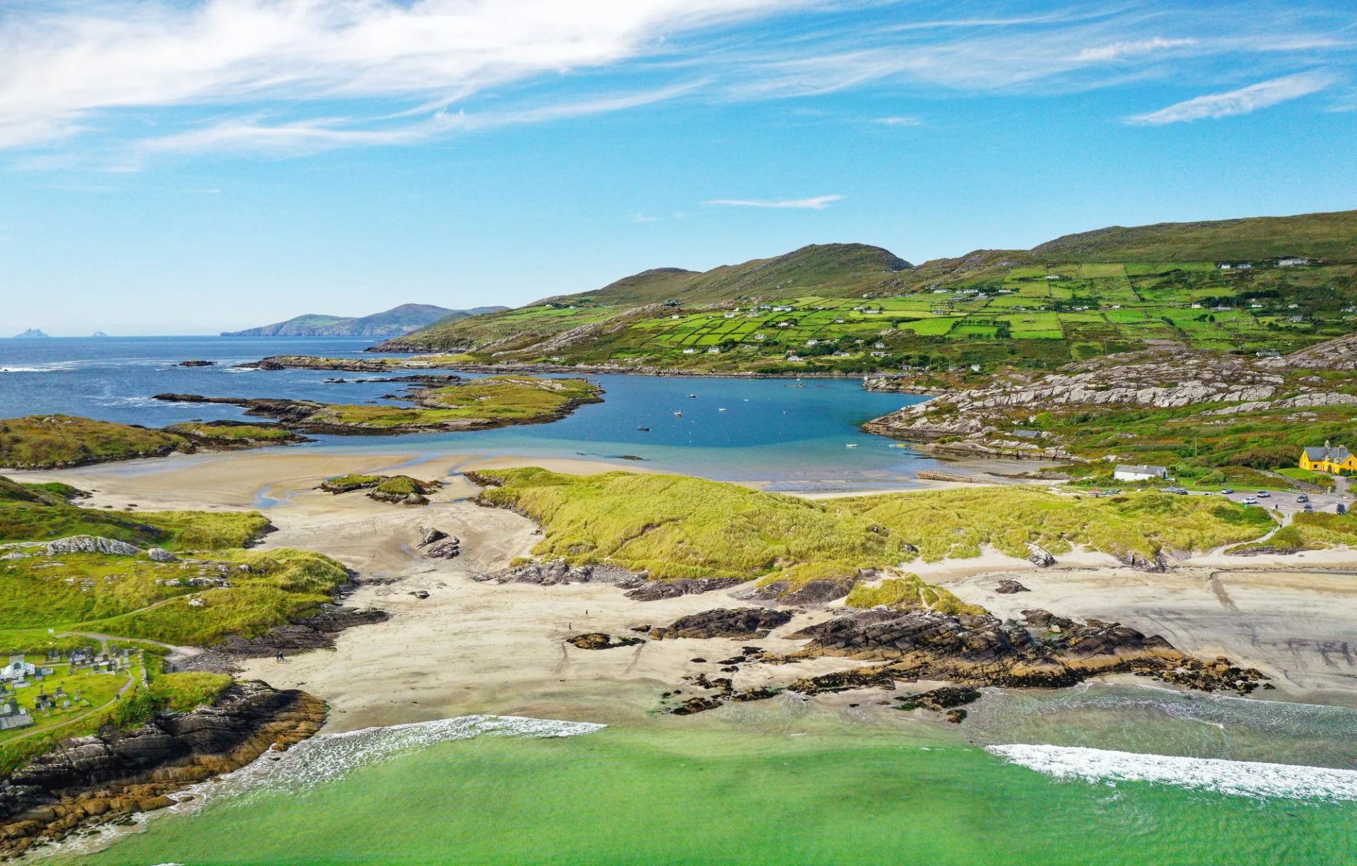 Turquoise water and rocky shoreline at Derrynane Bay