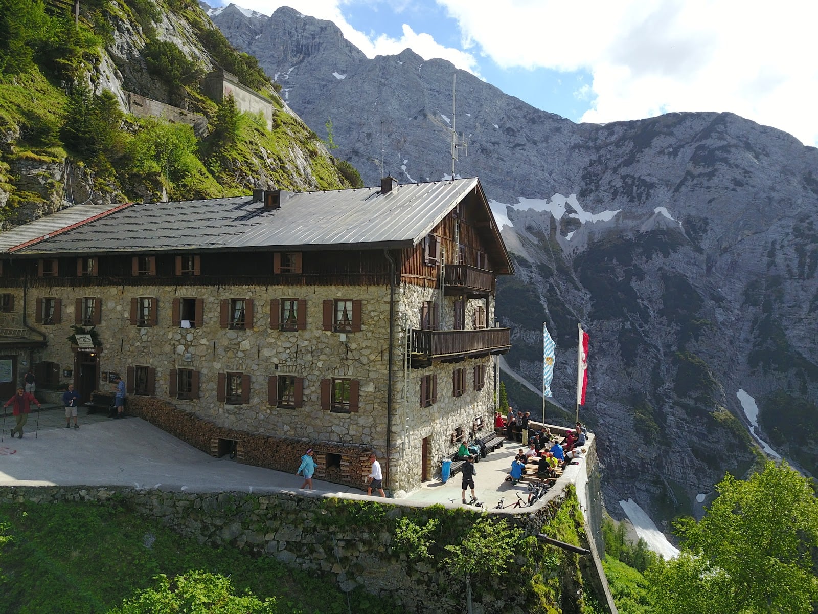 The Karwendelhaus alpine club hut on a slope in the Karwendel mountains