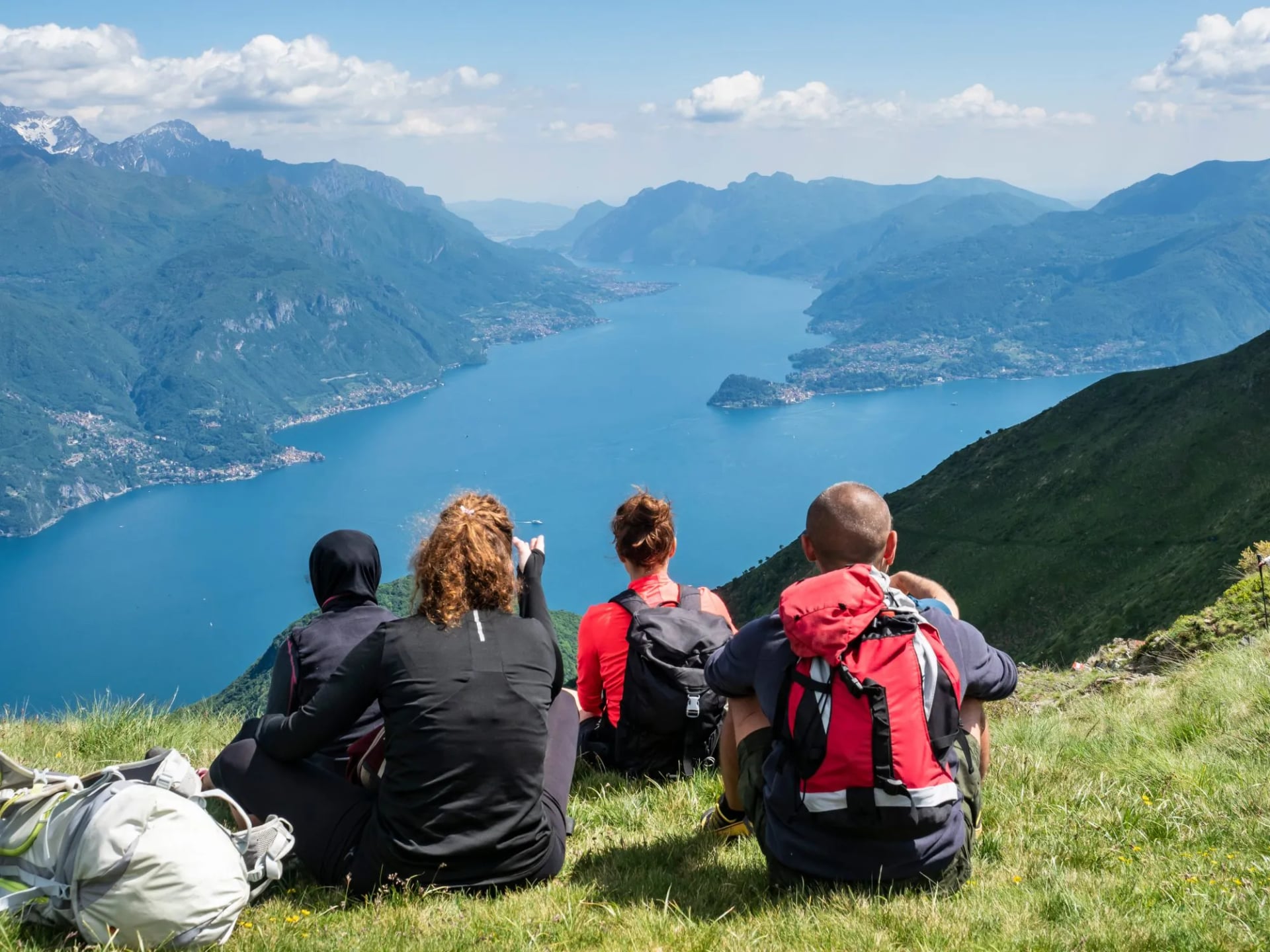 Trekking scene on Lake Como Alps