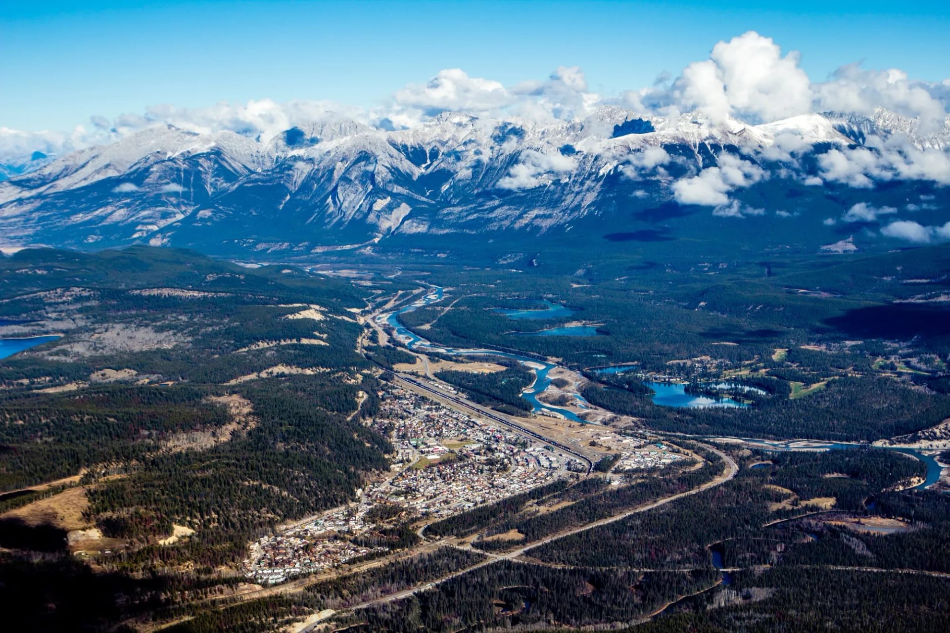 The town of Jasper and the Athabasca valley seen from high on Whistlers Mountain