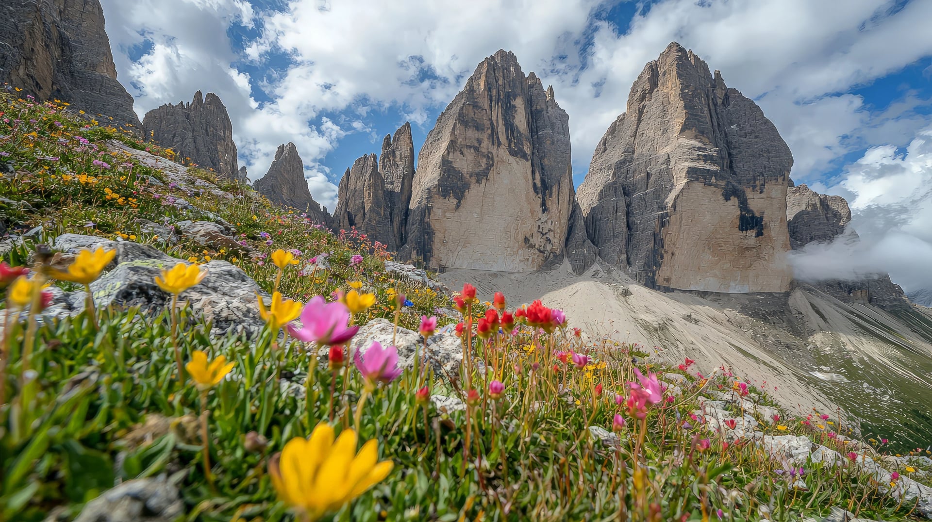 Pics de montagne majestueux avec des fleurs sauvages vibrantes
